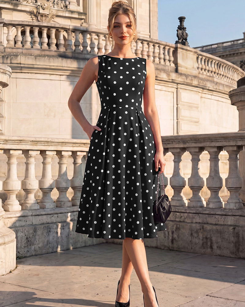 belle poque 1950s Vintage Polka Dot Dress for Women Boat Neck Midi A Line Cocktail Party Dresses