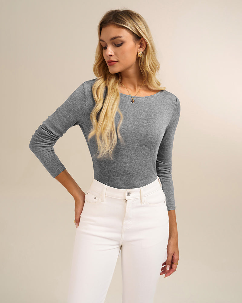 belle poque Women's Wool Long Sleeve Boat Neck Tops Fitted Basic Tees Wool Base Layer Women