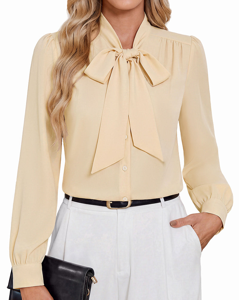 belle poque Women Vintage Long Sleeve Bow-Knot Decorated Button-up Tops Apricot
