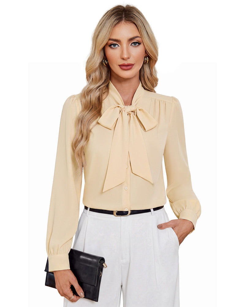 belle poque Women Vintage Long Sleeve Bow-Knot Decorated Button-up Tops