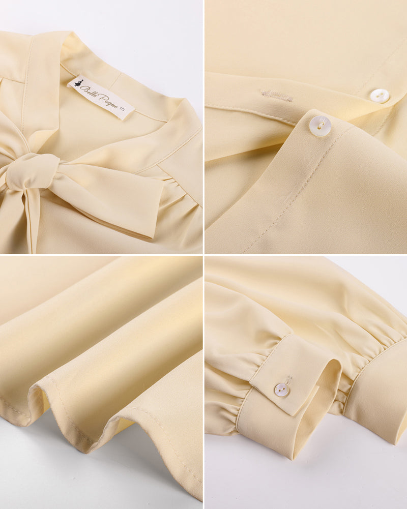 belle poque Women Vintage Long Sleeve Bow-Knot Decorated Button-up Tops