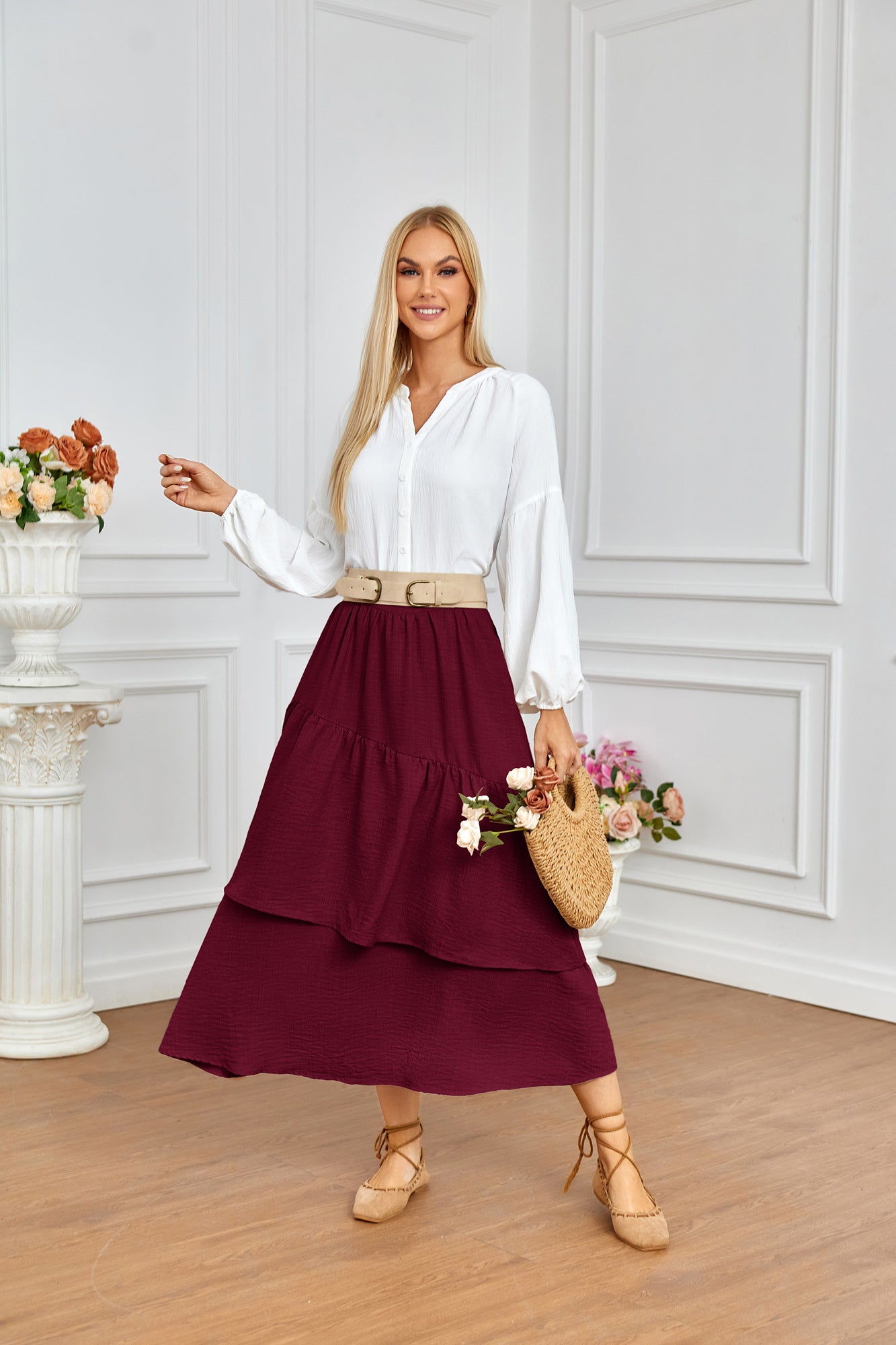 belle poque Vintage Vocation Skirts for Women Tiered Long Skirts Ruffle Skirt with Pockets