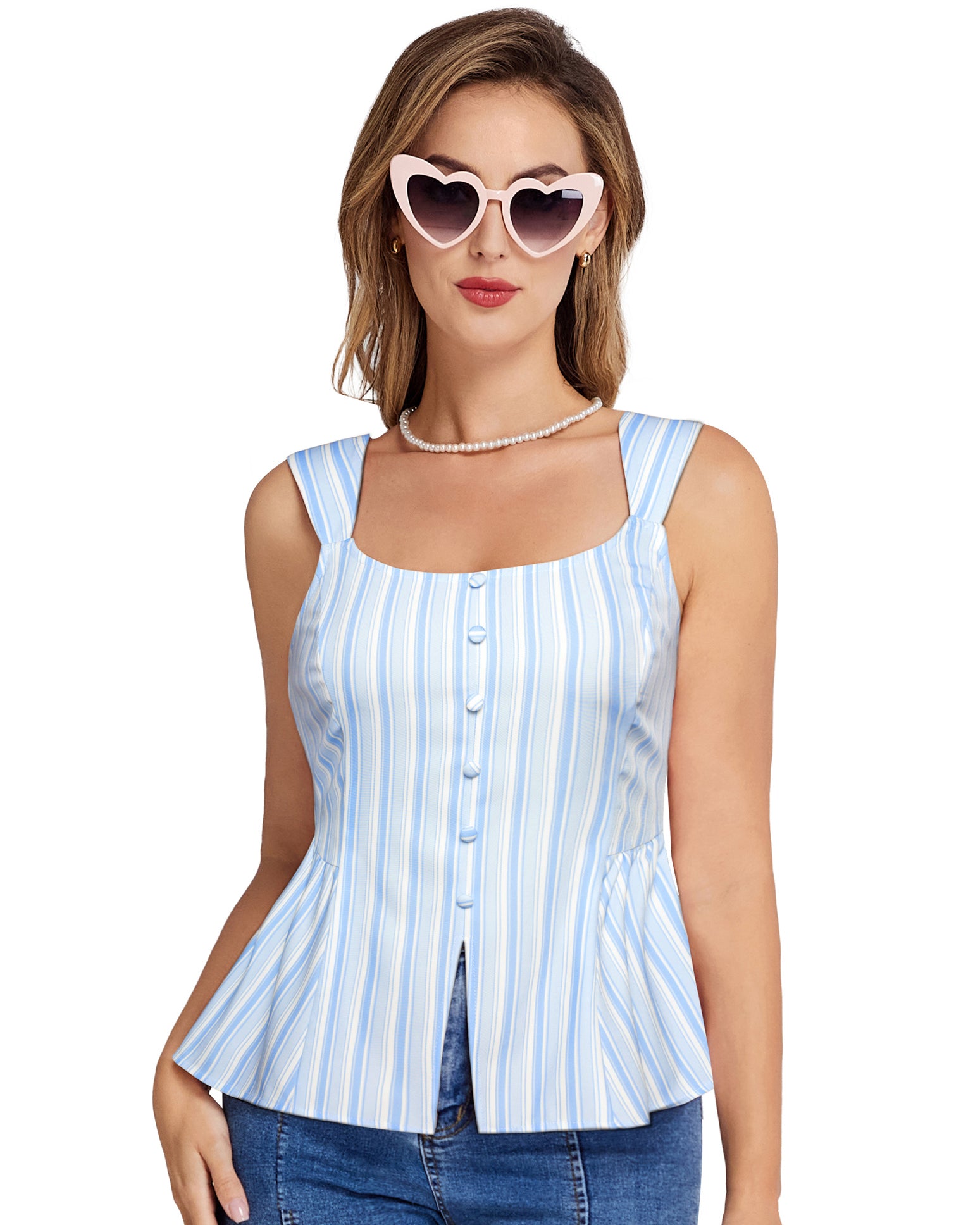 belle poque BP Women Vintage Striped Peplum Hem Tops Sleeveless Square Neck A-Line Tops
