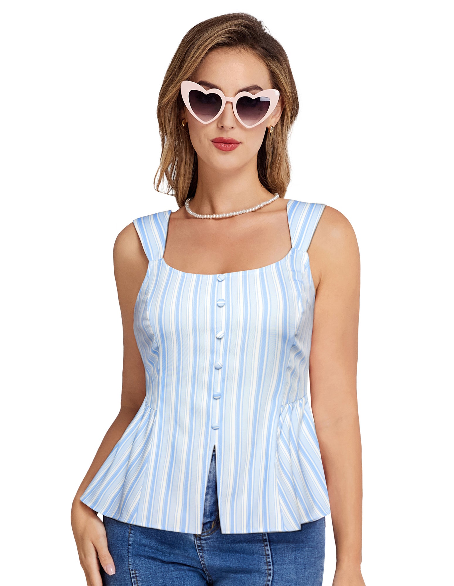 belle poque BP Women Vintage Striped Peplum Hem Tops Sleeveless Square Neck A-Line Tops