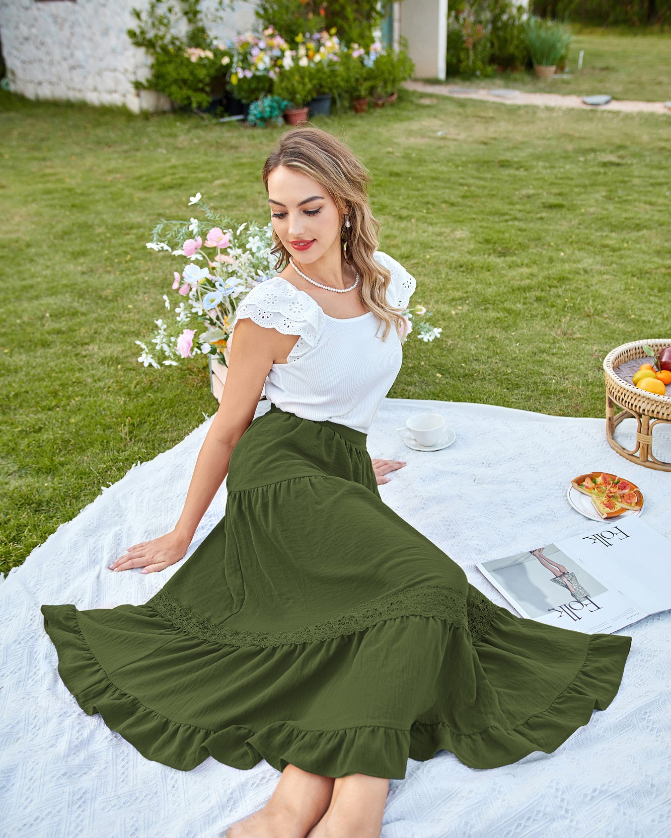 belle poque Women's Midi Skirt Boho Flowy Aline Ruffle Lace Tiered Skirt with Pockets 2025