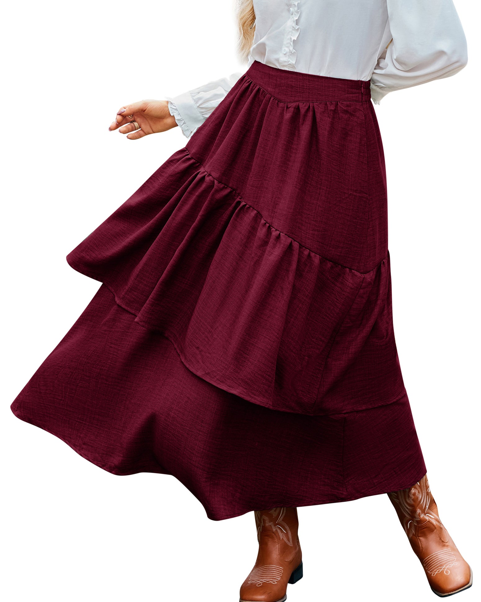 belle poque BP Women Vintage 2-Layer Swing Skirt Elastic High Waist Maxi Skirt