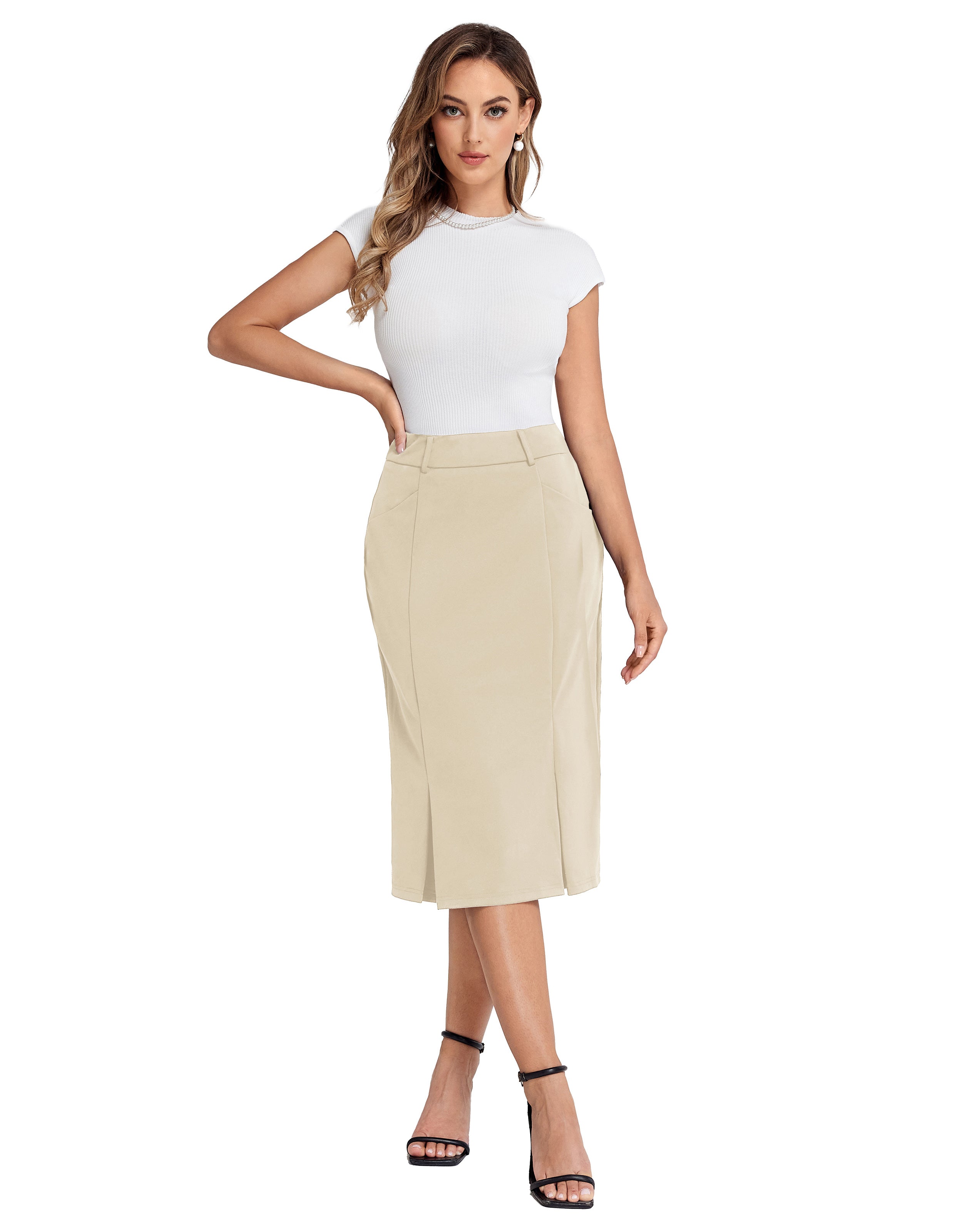 belle poque Women Pencil Skirt High Waisted Midi Pencil Skirt with Pockets