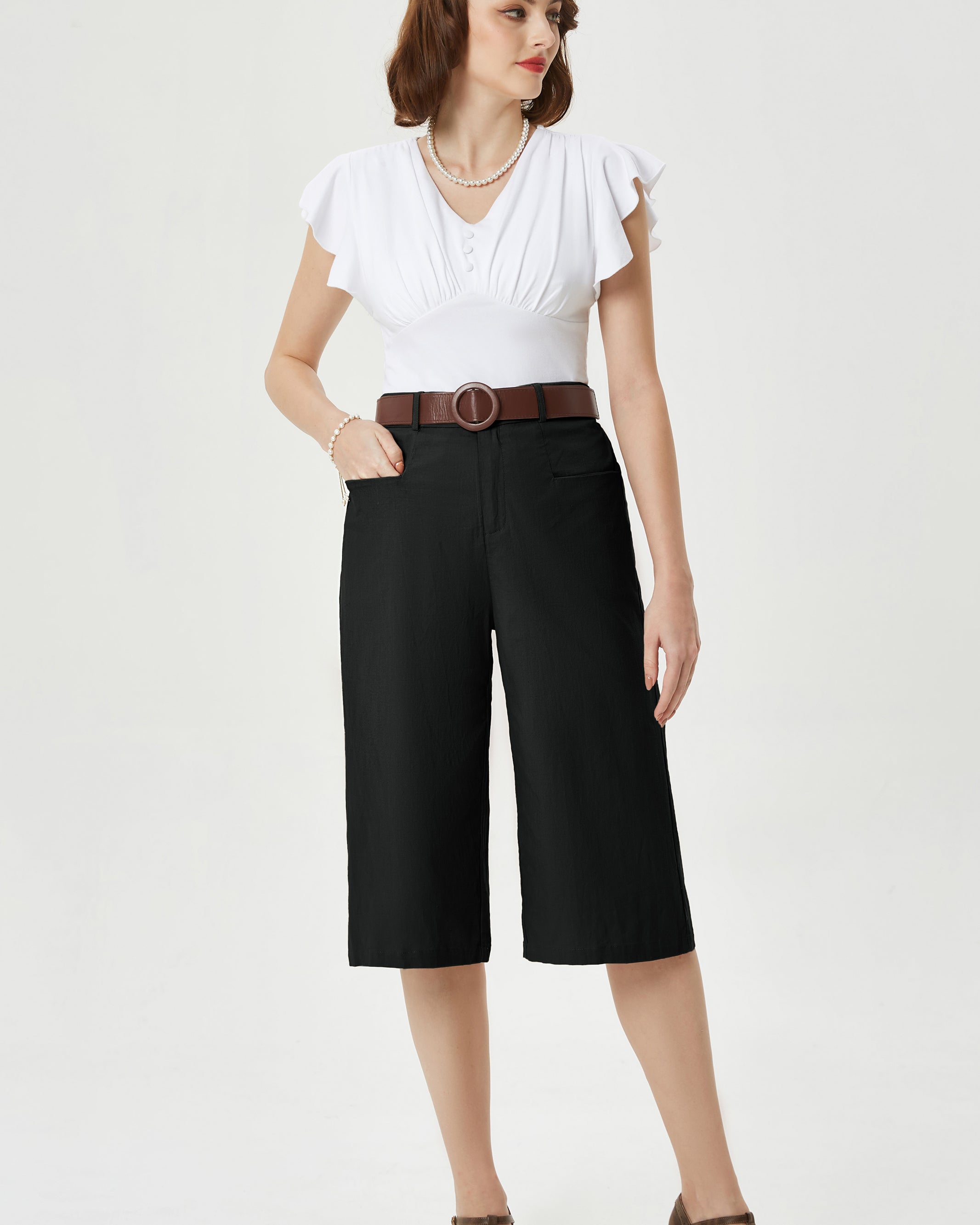 belle poque Casual Capris Summer High Wiasted Wide Leg Capris with Pockets & Belt