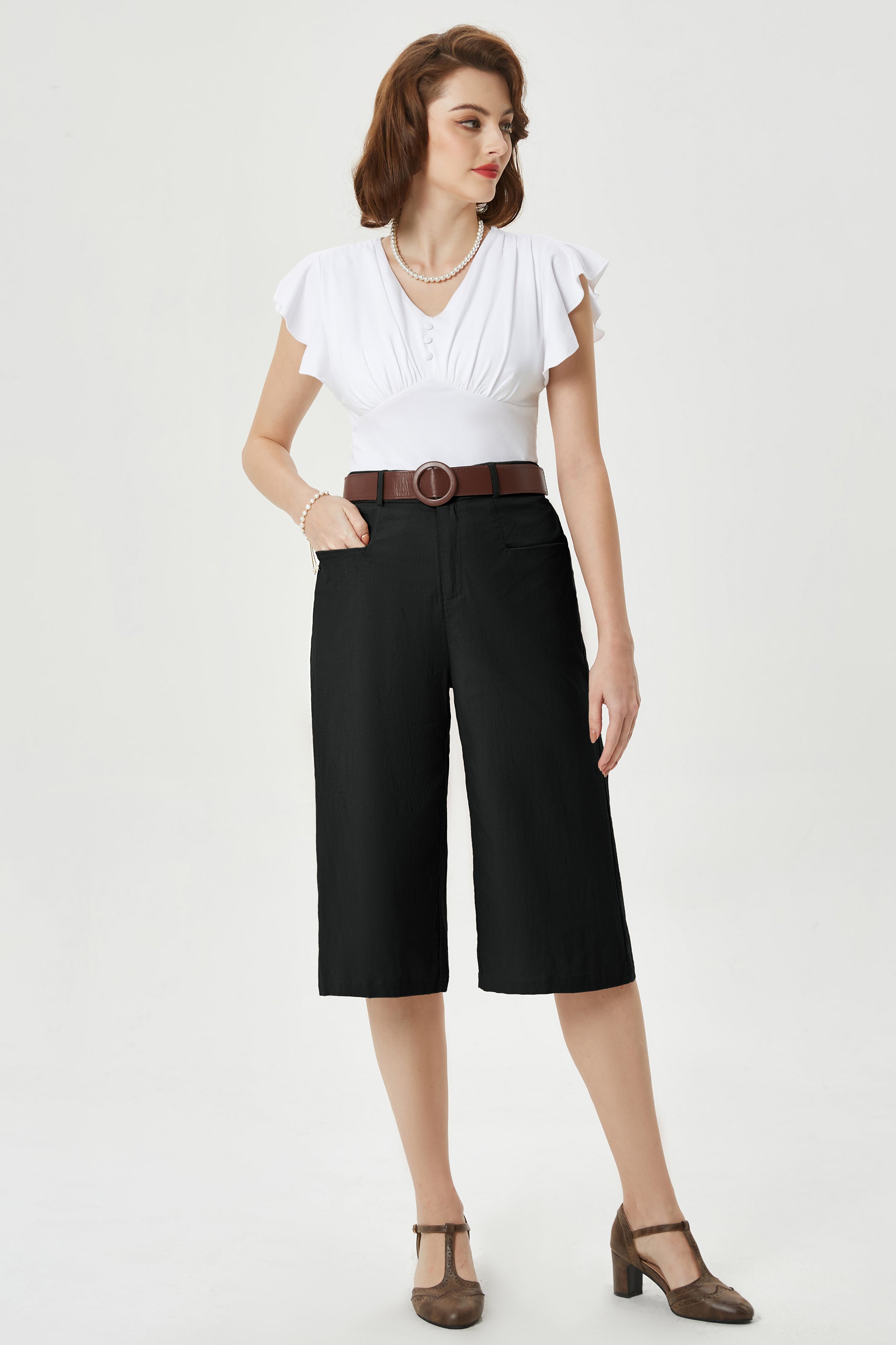 belle poque Casual Capris Summer High Wiasted Wide Leg Capris with Pockets & Belt