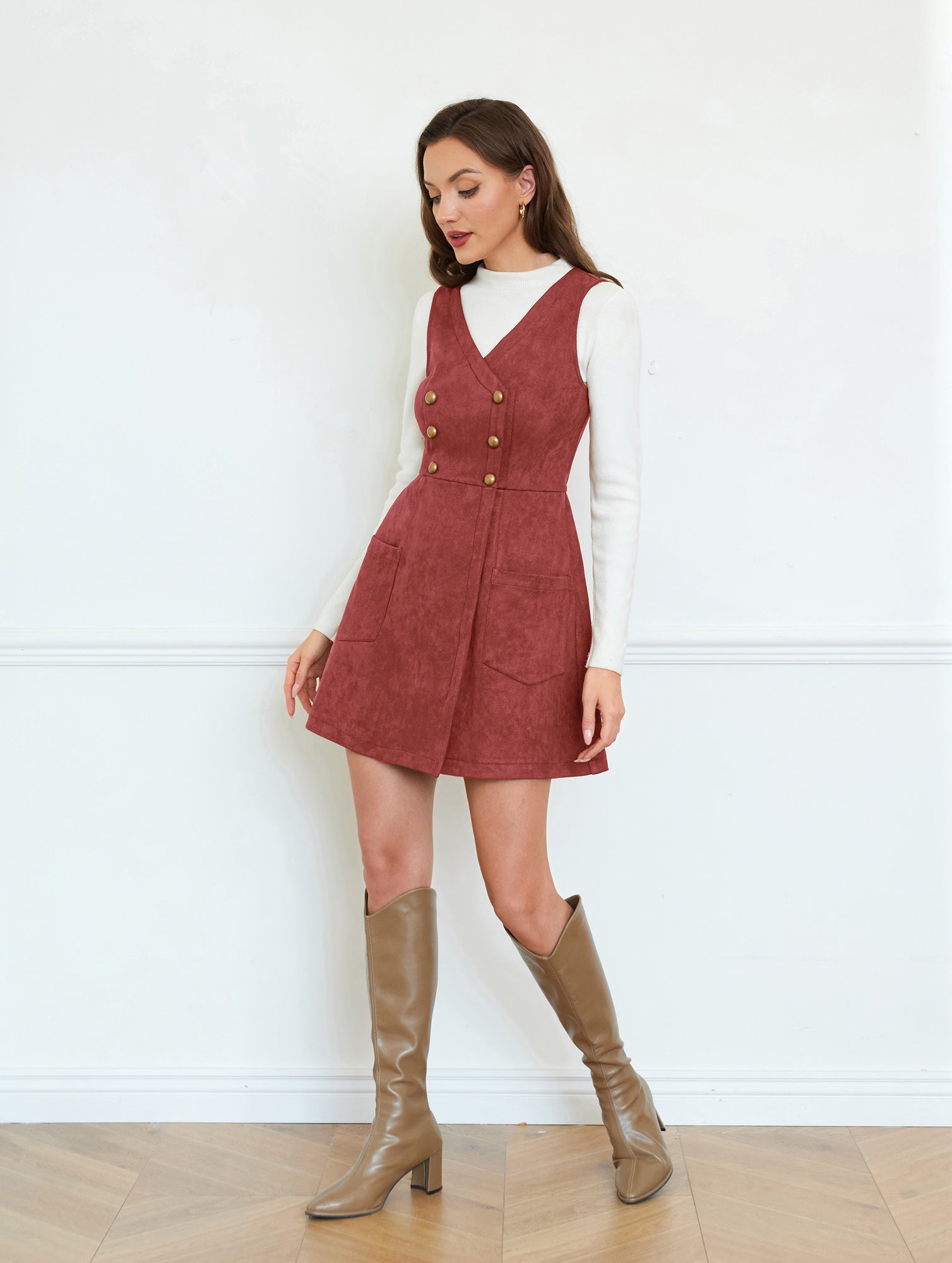 belle poque Vintage Faux Suede Dress Sleeveless V-Neck Elastic Waist A-Line Dress