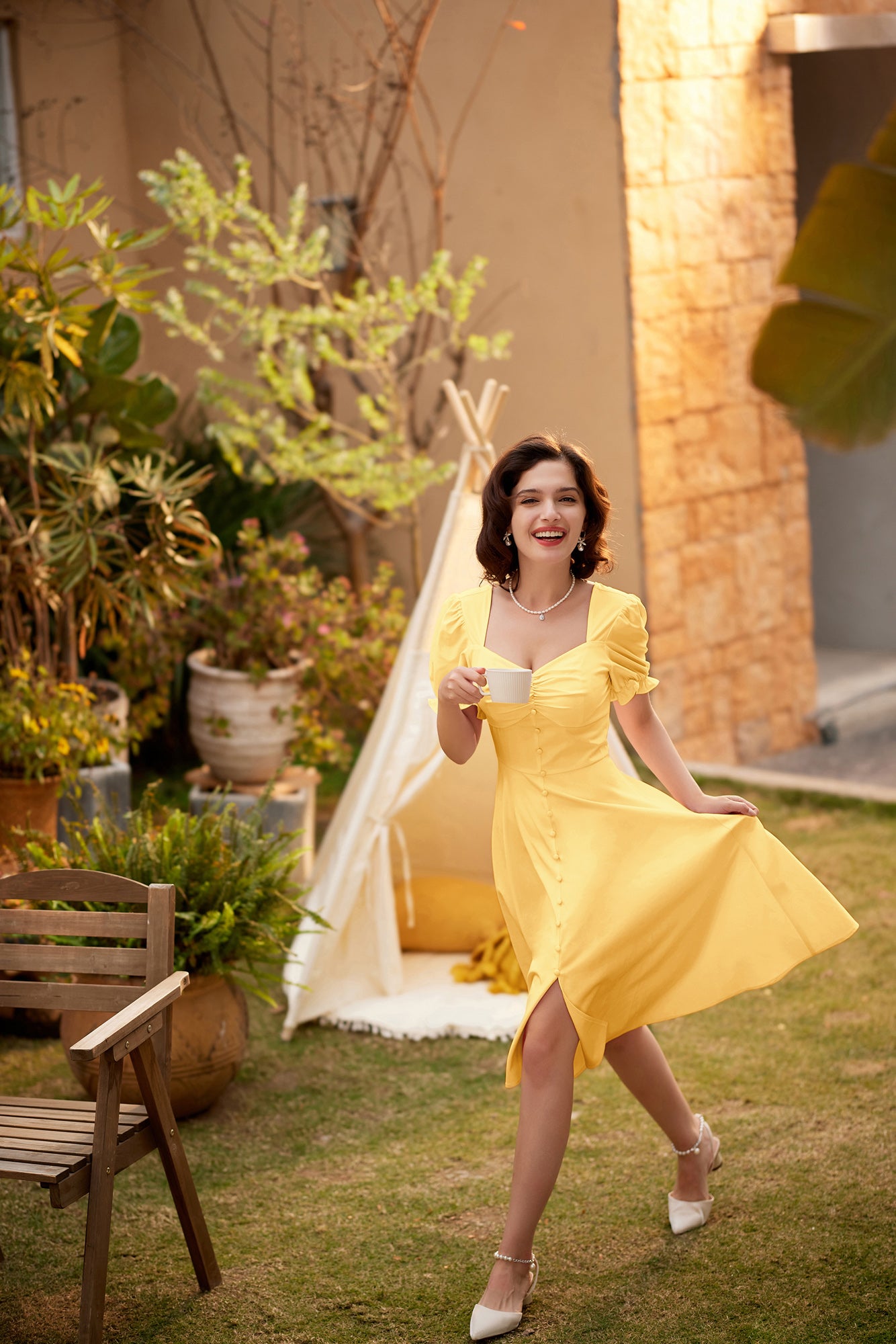 belle poque Vintage Buttons Decorated Dress Short Sleeve Square V-Neck A-Line Dress