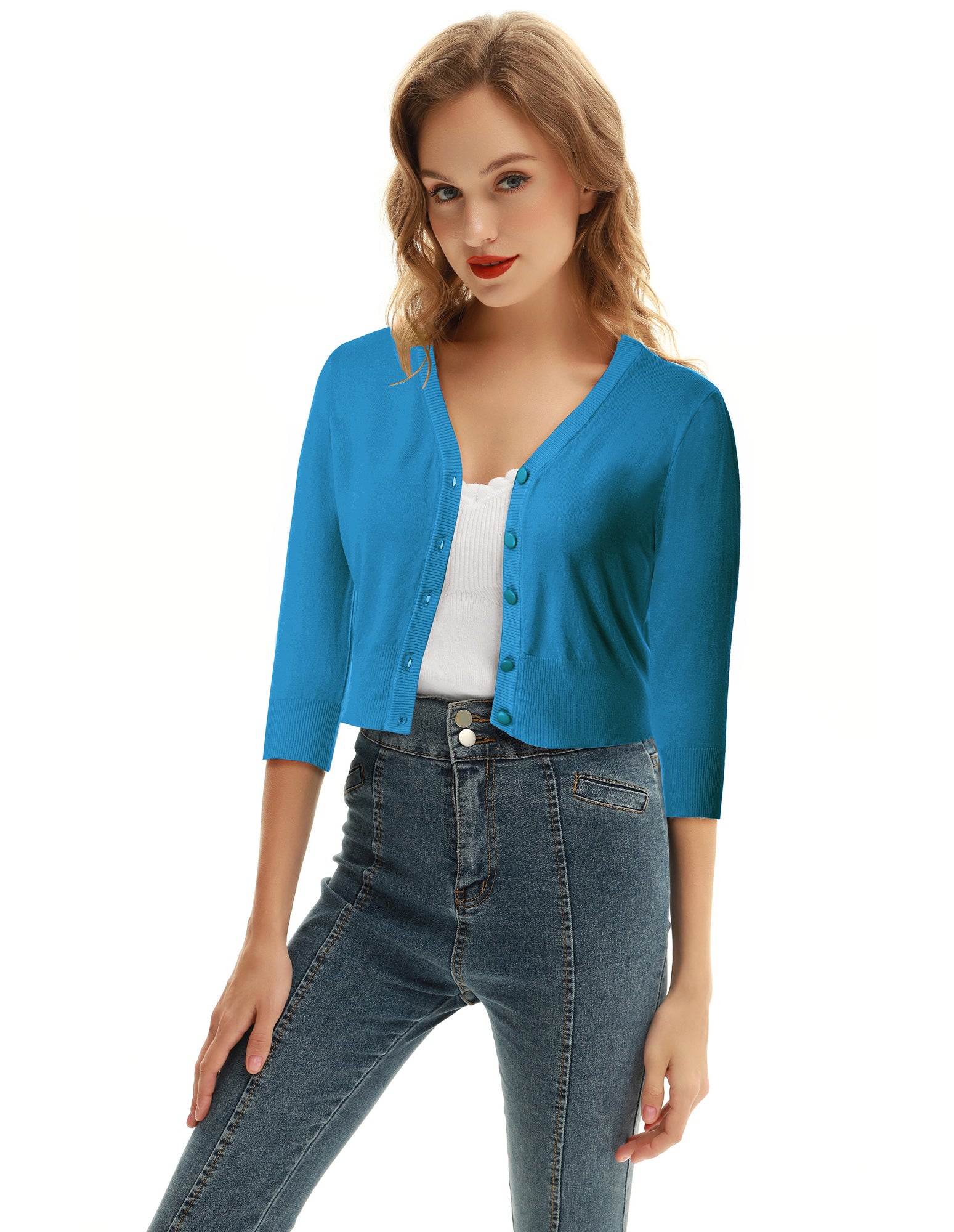 belle poque Cropped Cardigan 3/4 Sleeve V-Neck Button-up Sweater Knitwear