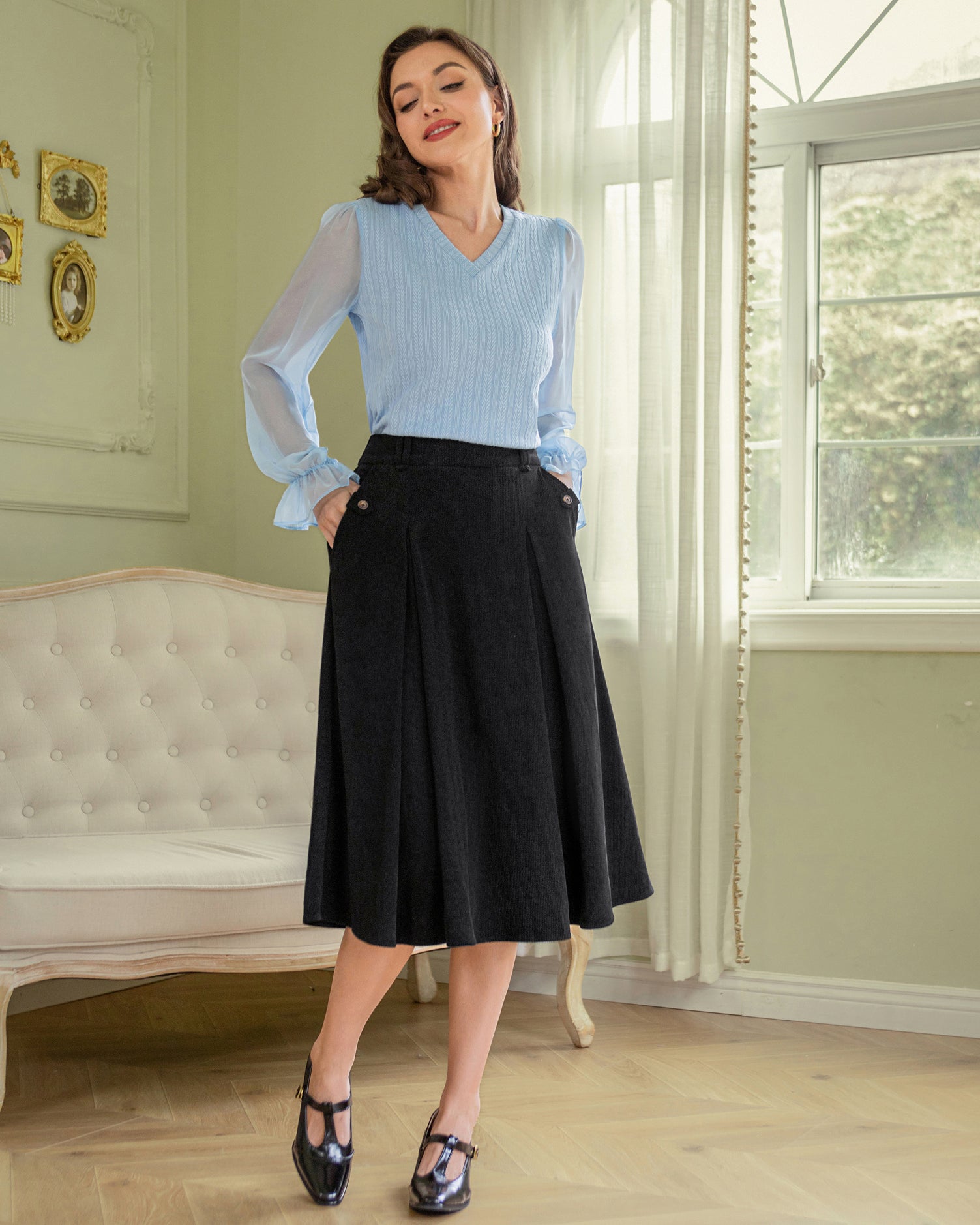 belle poque Vintage Swing Skirt Elastic Waist Flared A-Line Mid-Calf Skirt