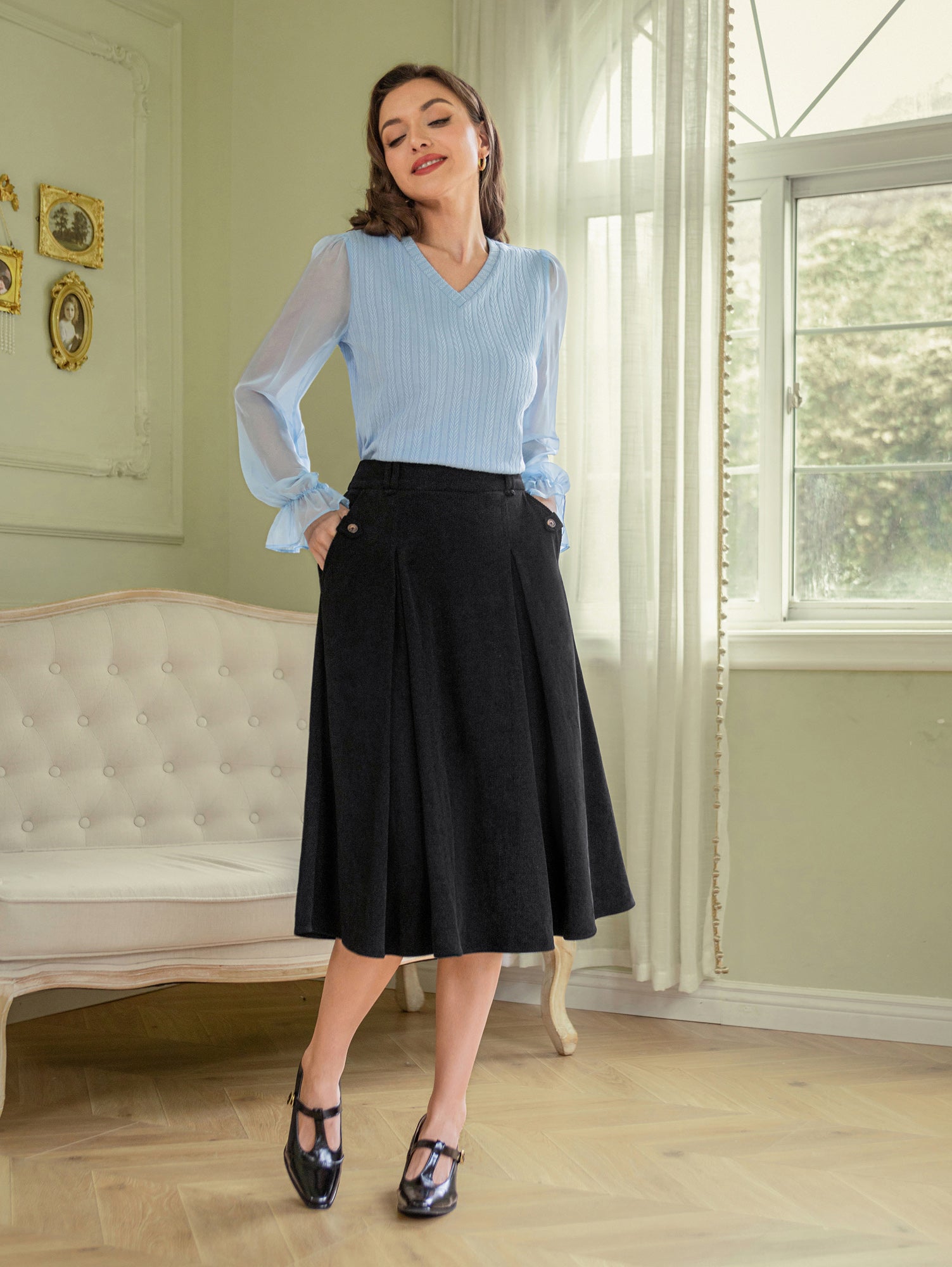 belle poque Vintage Swing Skirt Elastic Waist Flared A-Line Mid-Calf Skirt