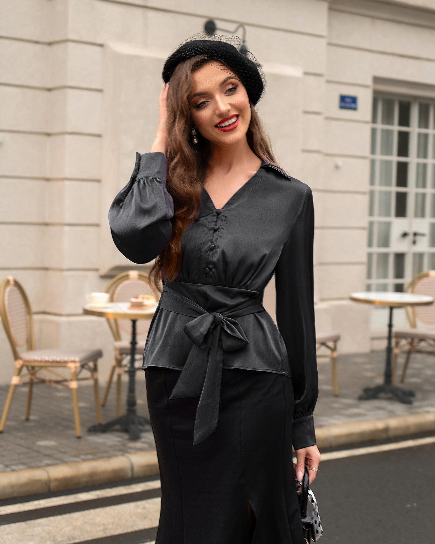 belle poque Vintage Elastic Waist Blouse Long Sleeve Lapel V-Neck Pullover Tops