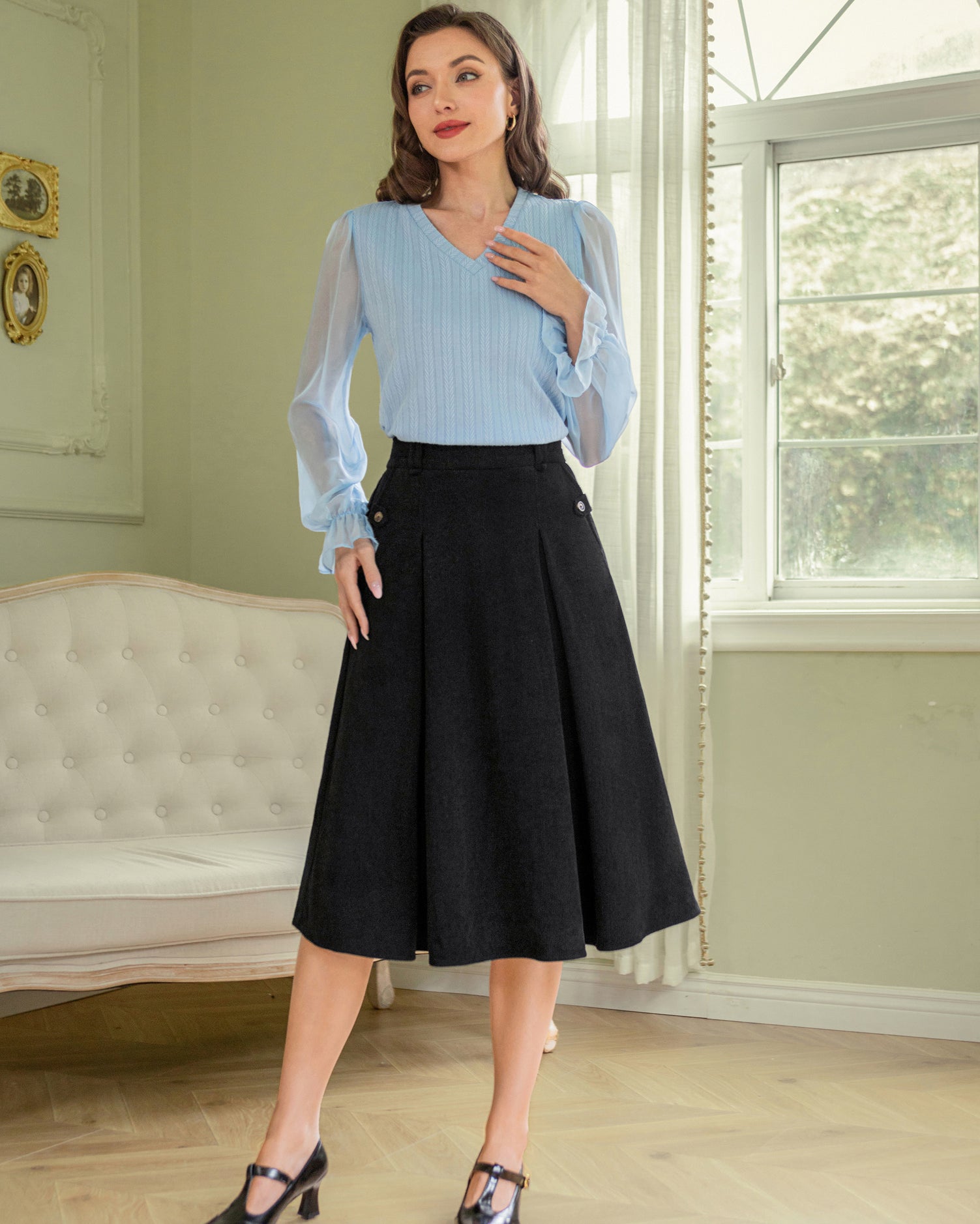 belle poque Vintage Swing Skirt Elastic Waist Flared A-Line Mid-Calf Skirt