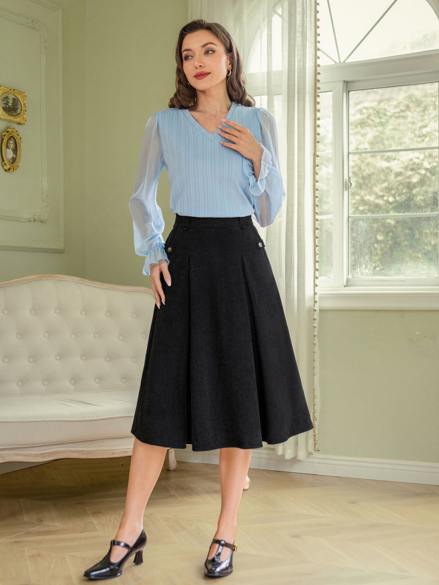 belle poque Vintage Swing Skirt Elastic Waist Flared A-Line Mid-Calf Skirt