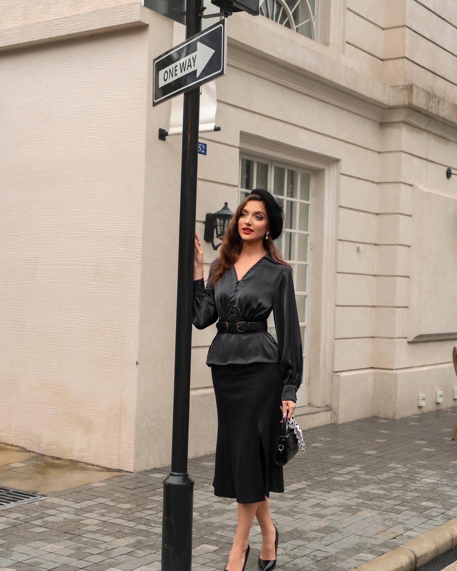 belle poque Vintage Elastic Waist Blouse Long Sleeve Lapel V-Neck Pullover Tops