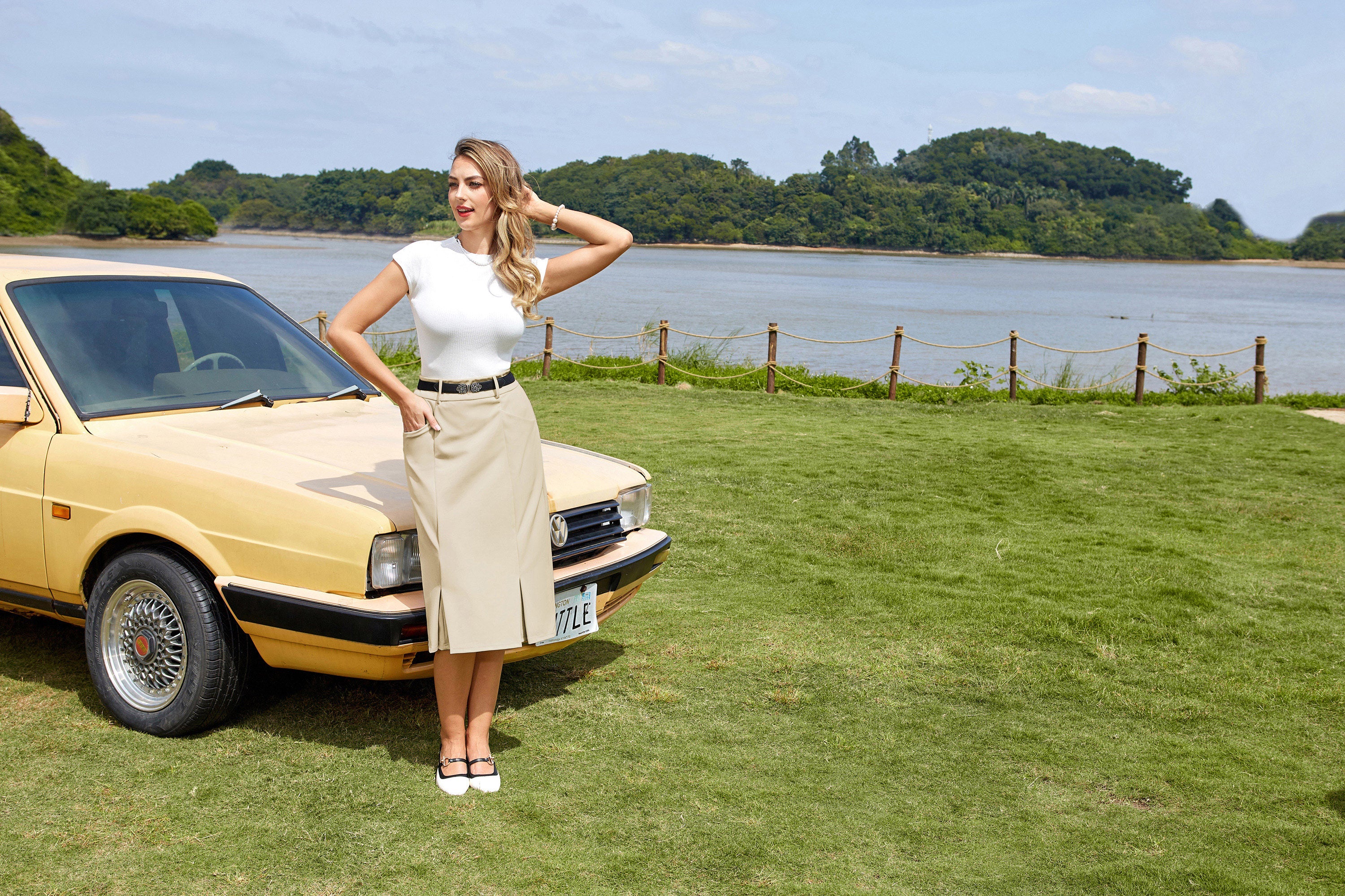 belle poque BP Women Vintage Bodycon Skirt Elastic Waist Below Knee Hips-Wrapped Skirt