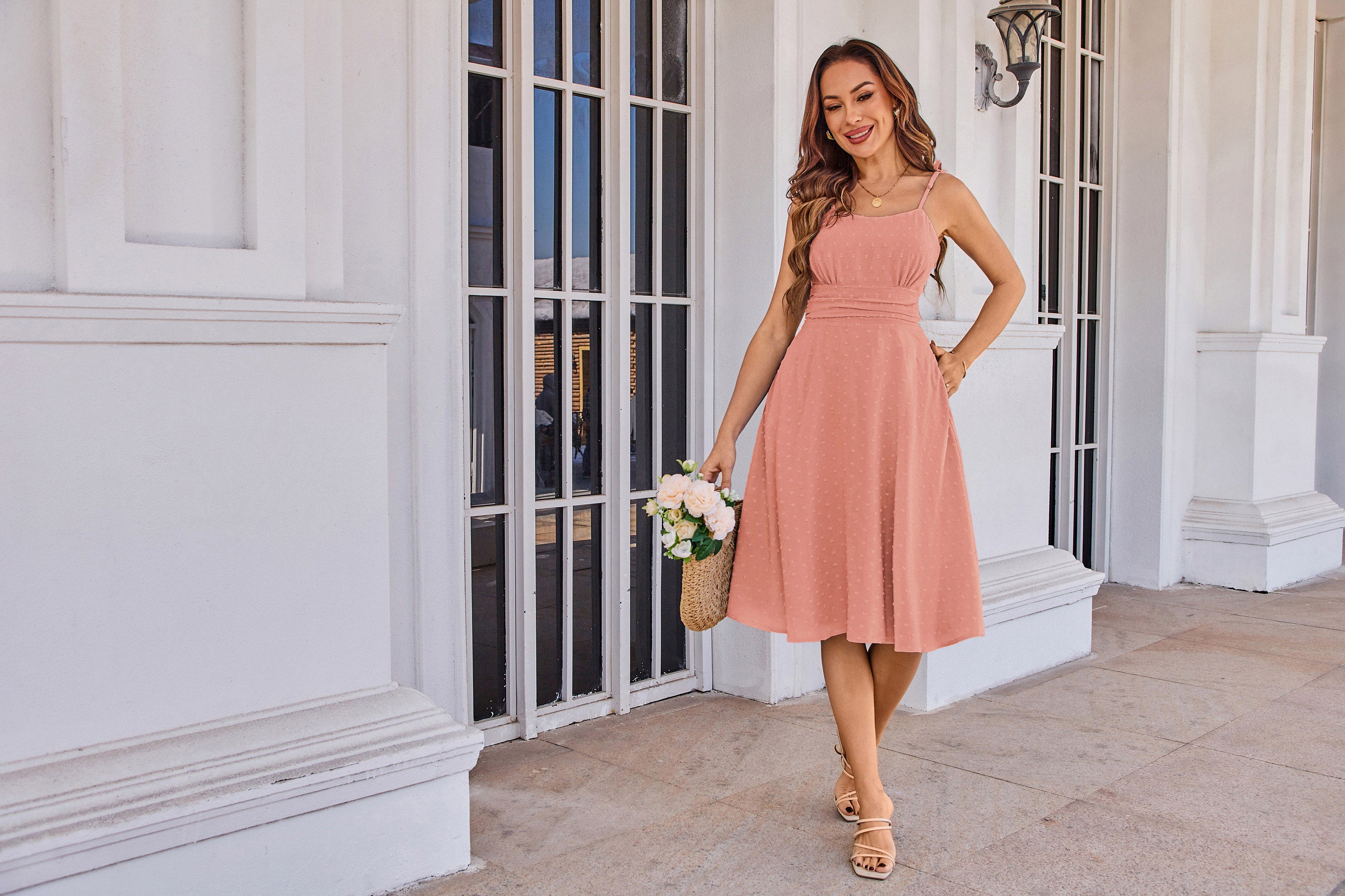 belle poque BP Women Vintage Swiss Dots Dress Spaghetti Straps Flared A-Line Dress