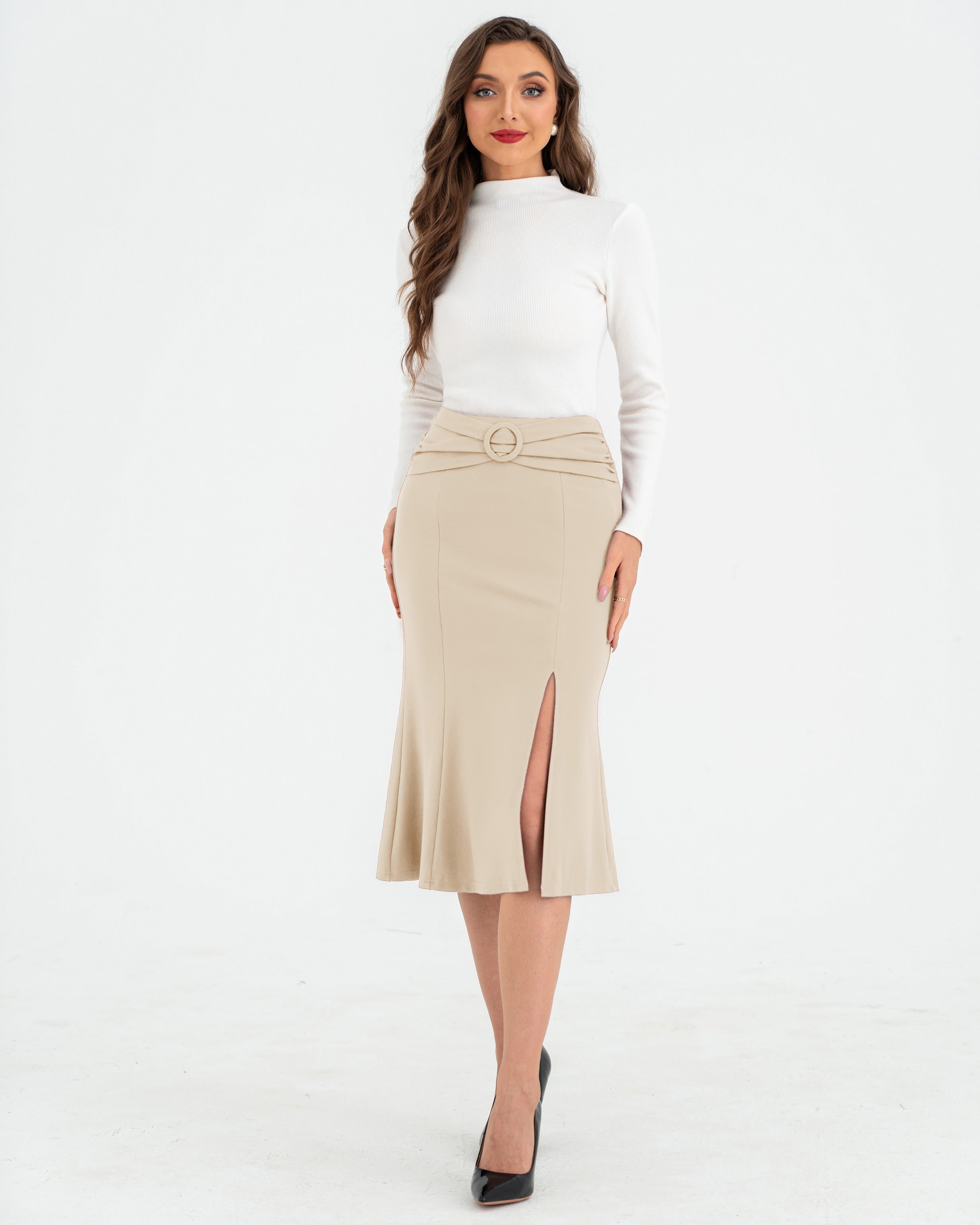 belle poque BP Women Vintage Front Slit Skirt Elastic Waist Mermaid Hem Bodycon Skirt
