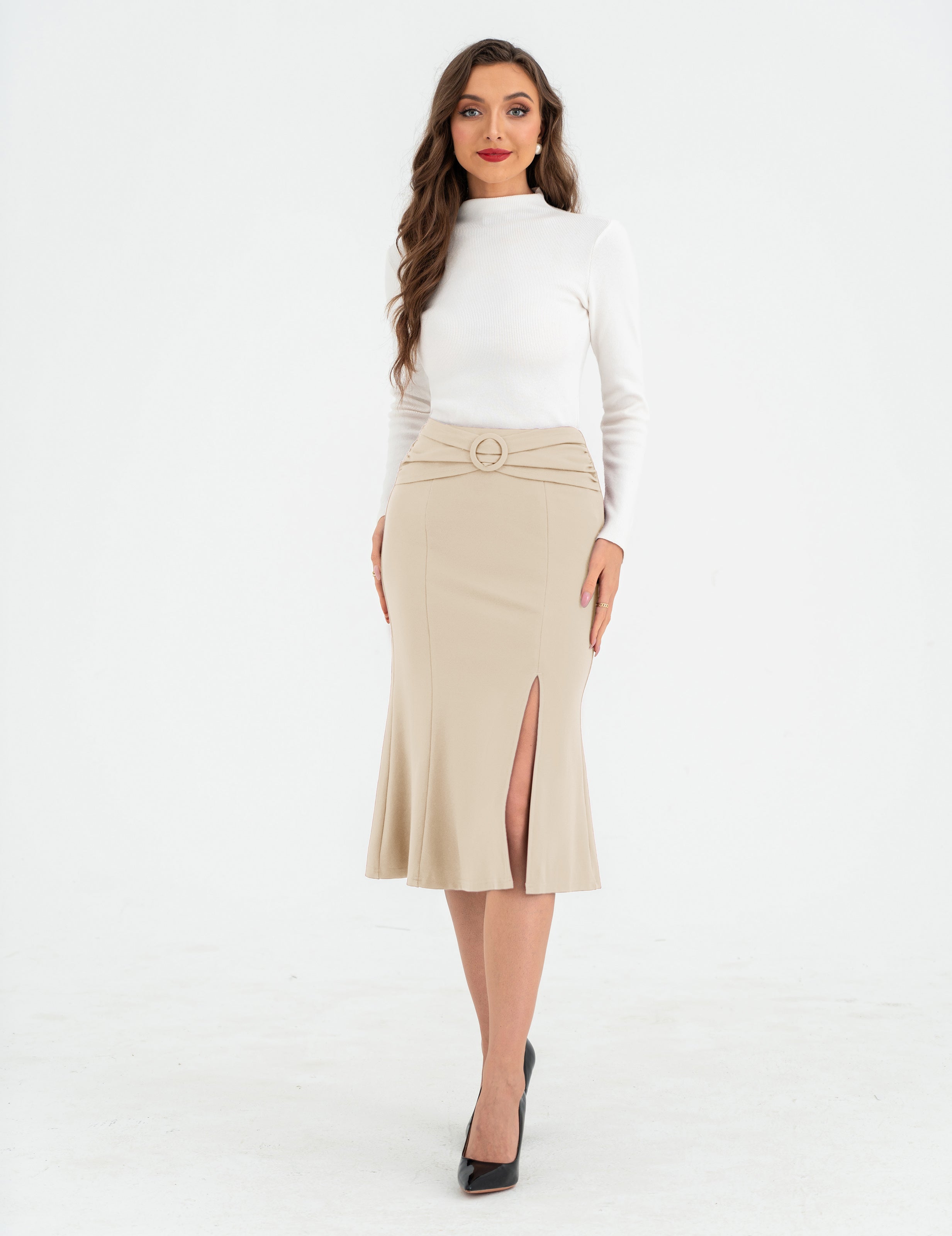 belle poque BP Women Vintage Front Slit Skirt Elastic Waist Mermaid Hem Bodycon Skirt