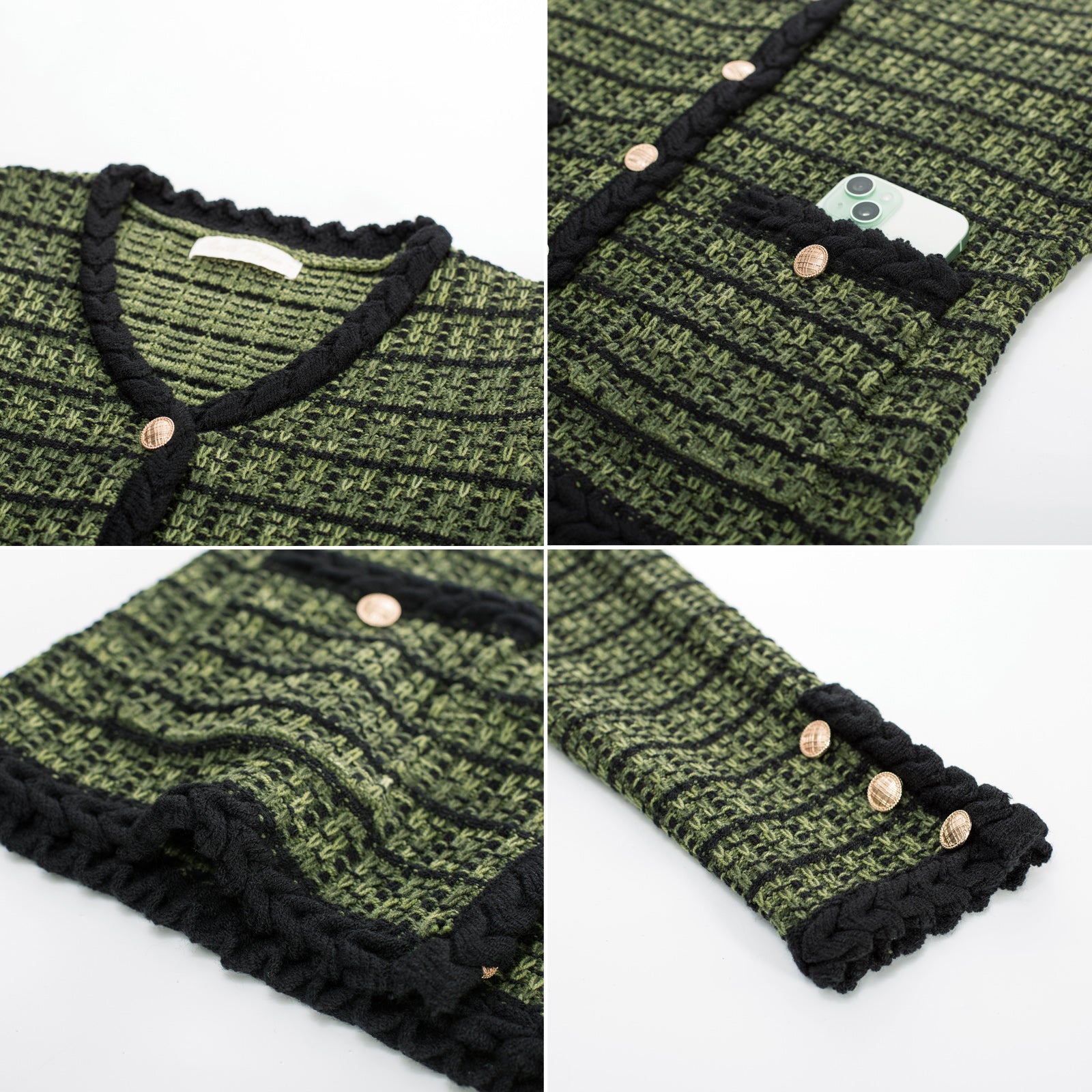 belle poque Contrast Color Cardigan Long Sleeve V-Neck Cable Knitted Sweater