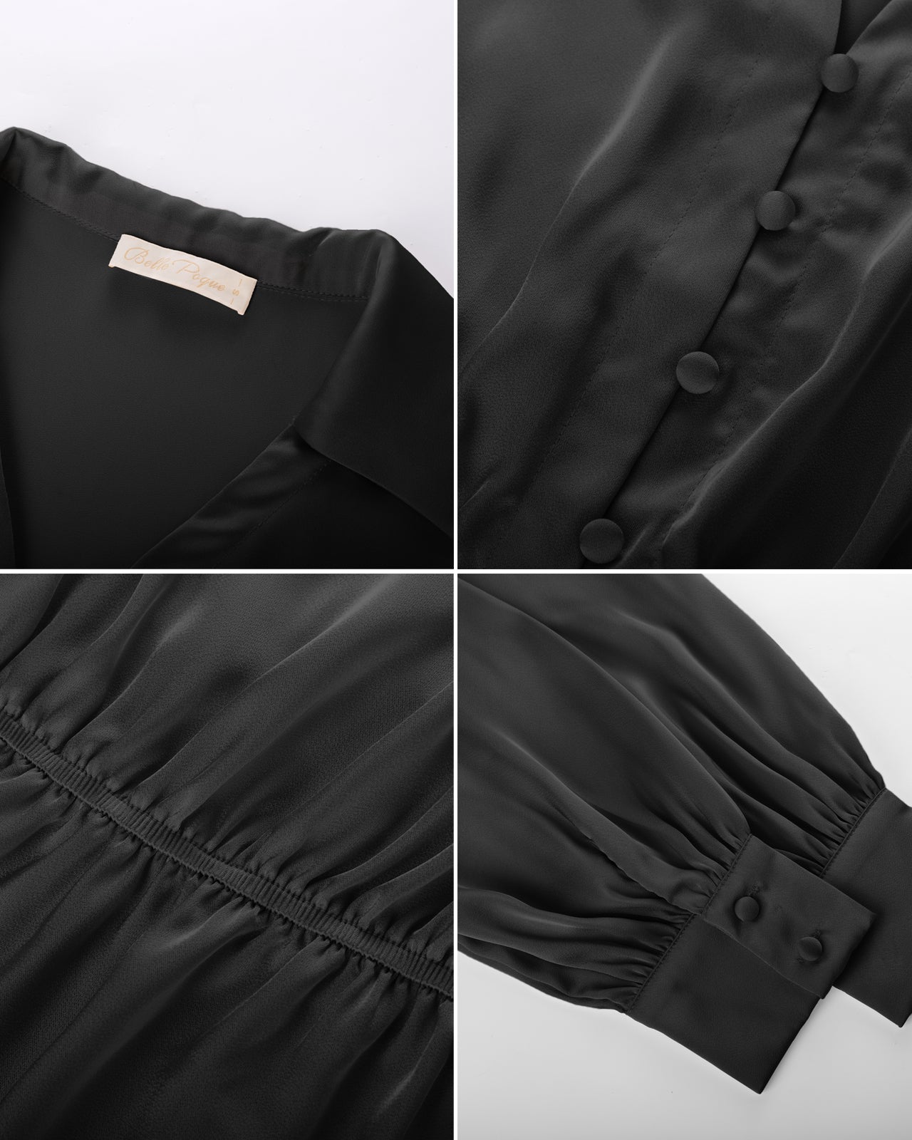 belle poque Vintage Elastic Waist Blouse Long Sleeve Lapel V-Neck Pullover Tops