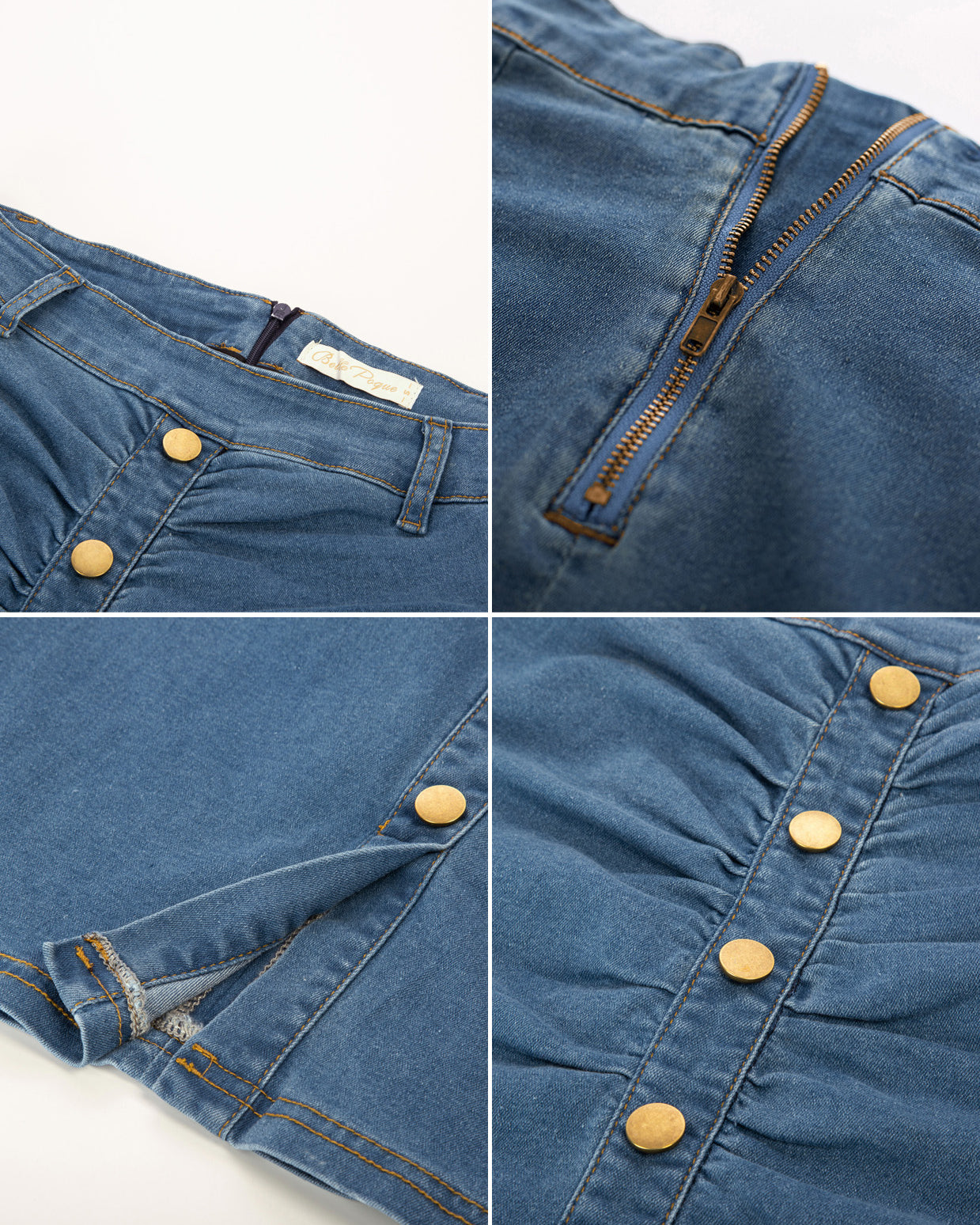 belle poque Vintage Jean Skirt with Belt High Waist Ruched Front Bodycon Skirt