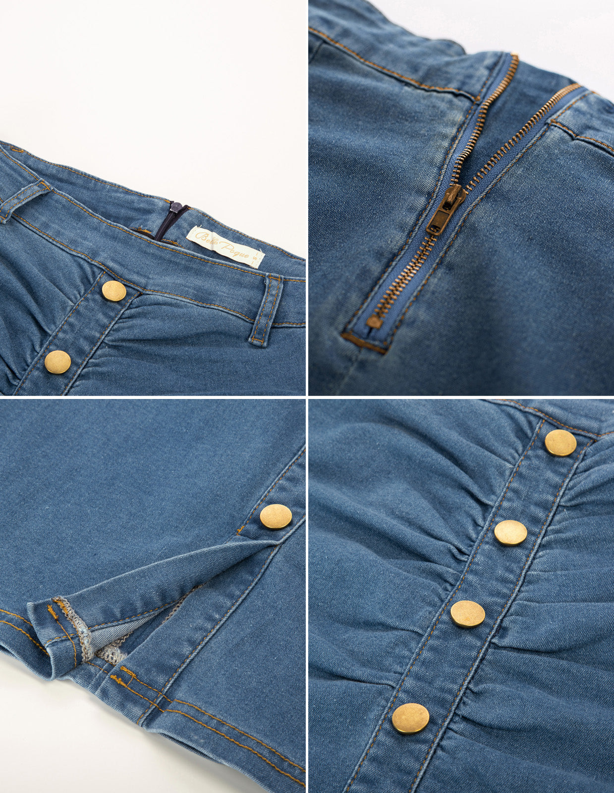 belle poque Vintage Jean Skirt with Belt High Waist Ruched Front Bodycon Skirt