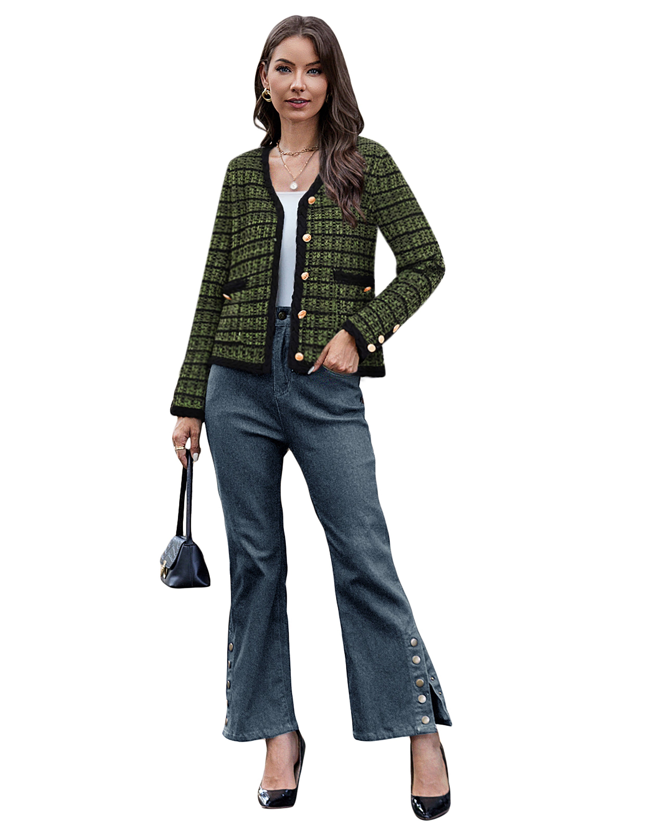 belle poque Contrast Color Cardigan Long Sleeve V-Neck Cable Knitted Sweater