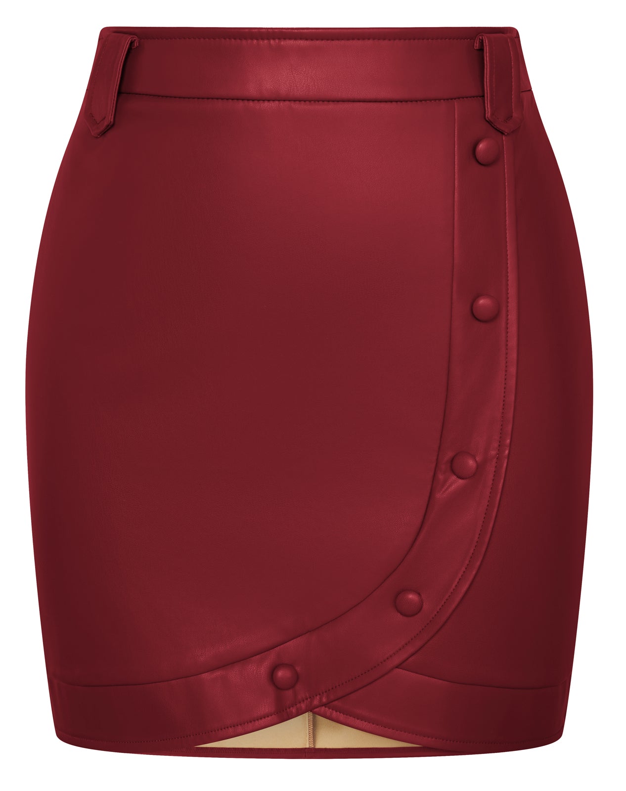 belle poque Women Vintage Imitated Leather Skirt Elastic Waist Mid-Thigh Bodycon Skirt Red