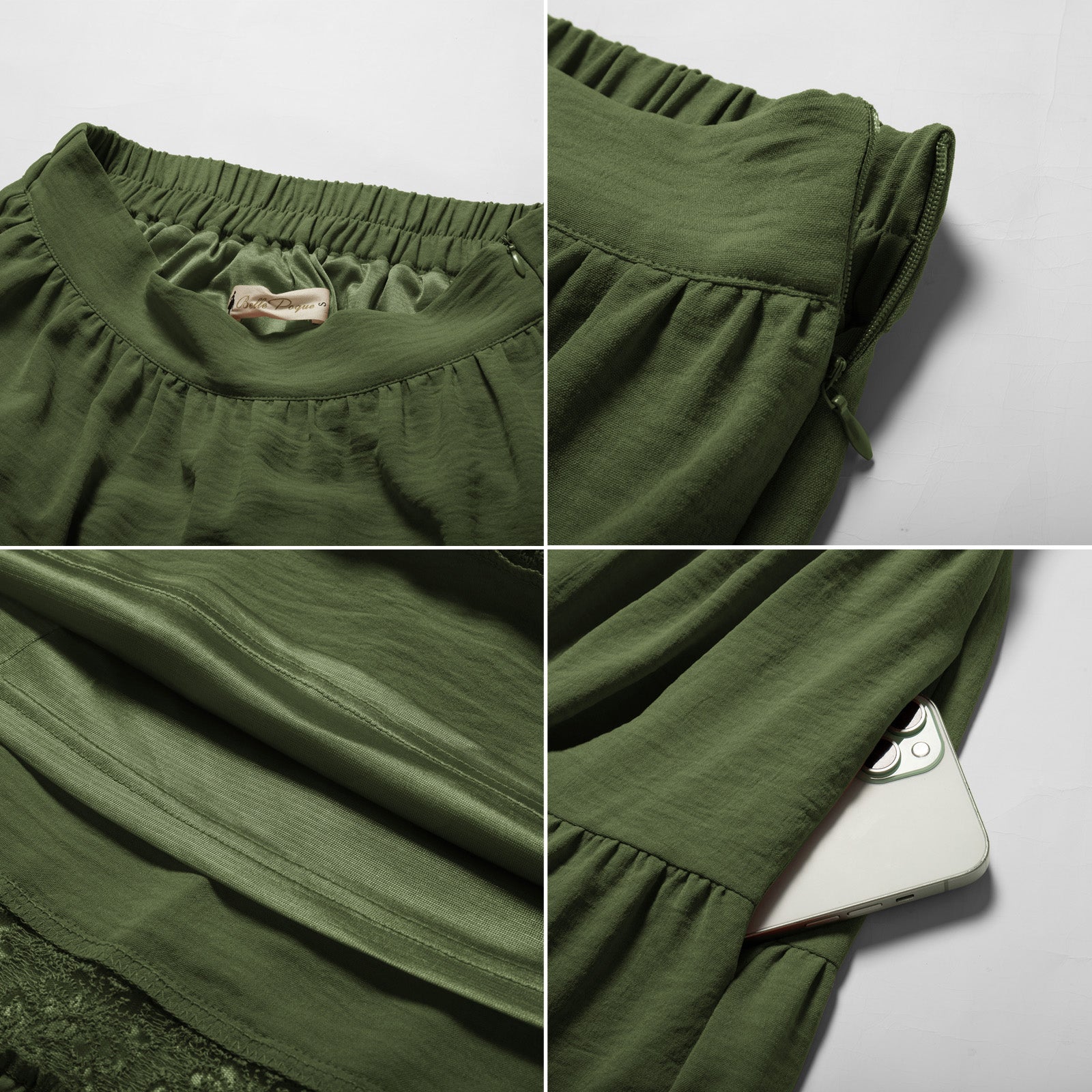 belle poque Women Vintage Tiered Swing Skirt Elastic Waist Ruffled Hem Mid-Calf Skirt