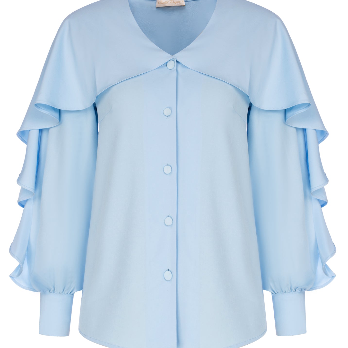 belle poque Seckill Offer⌛Ruffle Decorated Shirt Long Sleeve V-Neck Button-up Tops Light Blue