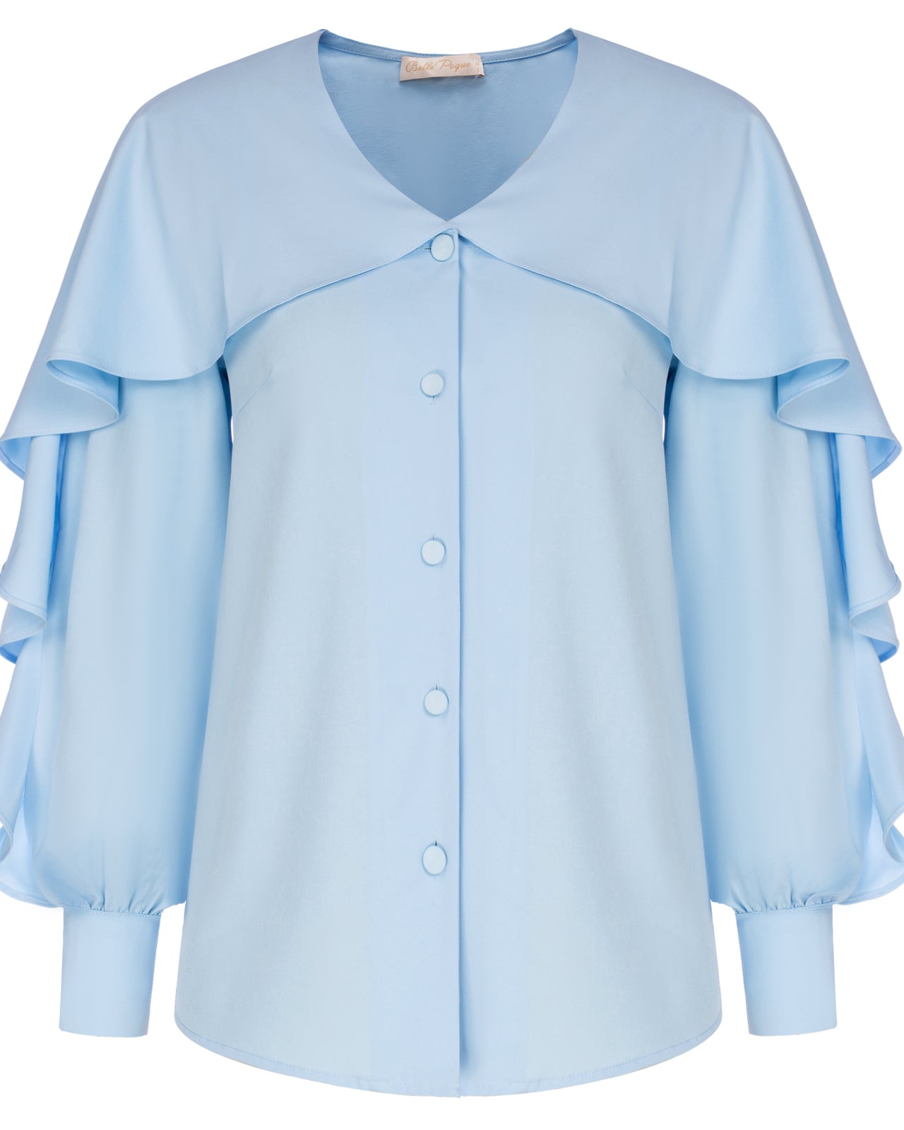 belle poque Seckill Offer⌛Ruffle Decorated Shirt Long Sleeve V-Neck Button-up Tops Light Blue
