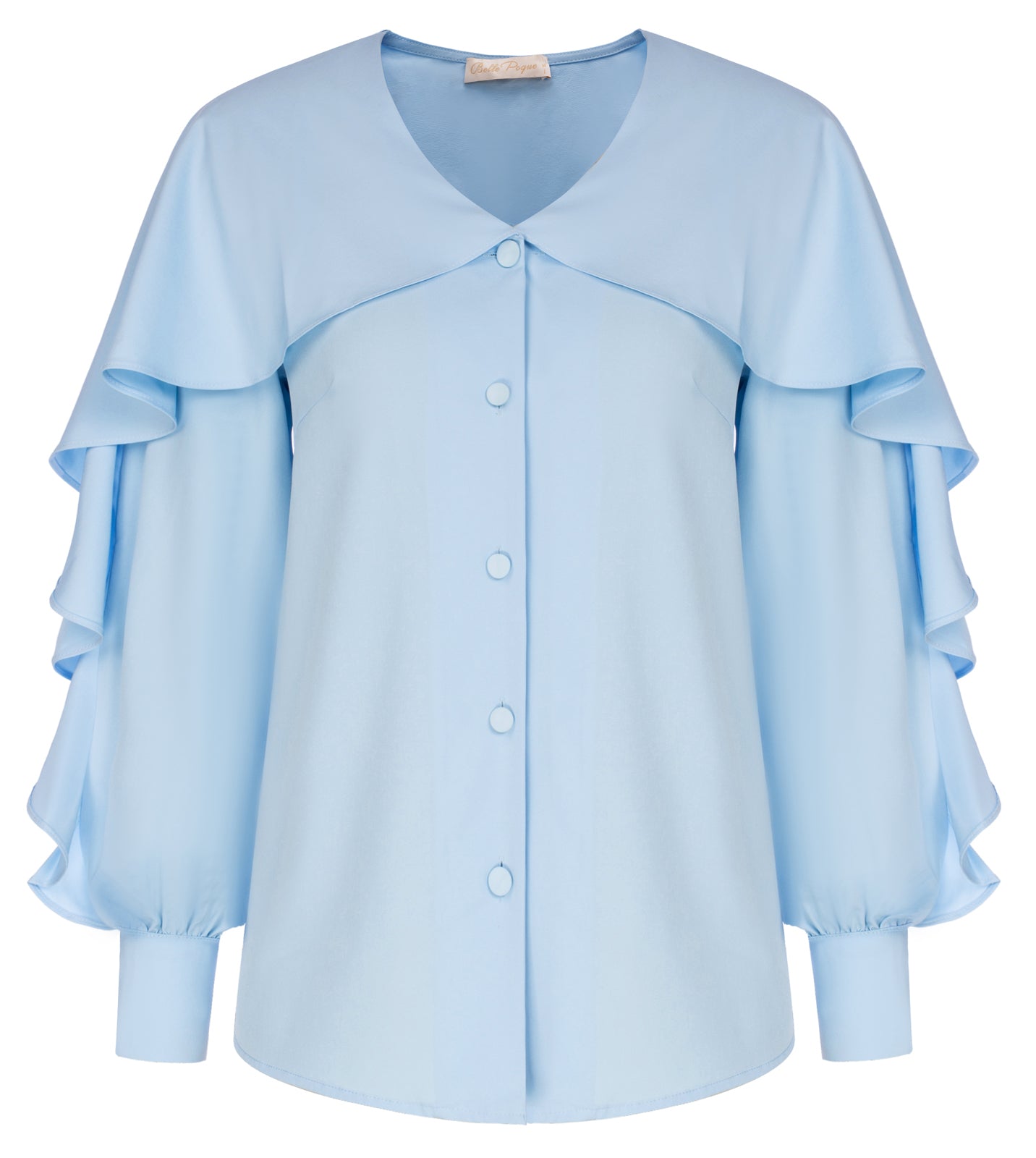 belle poque Seckill Offer⌛Ruffle Decorated Shirt Long Sleeve V-Neck Button-up Tops Light Blue