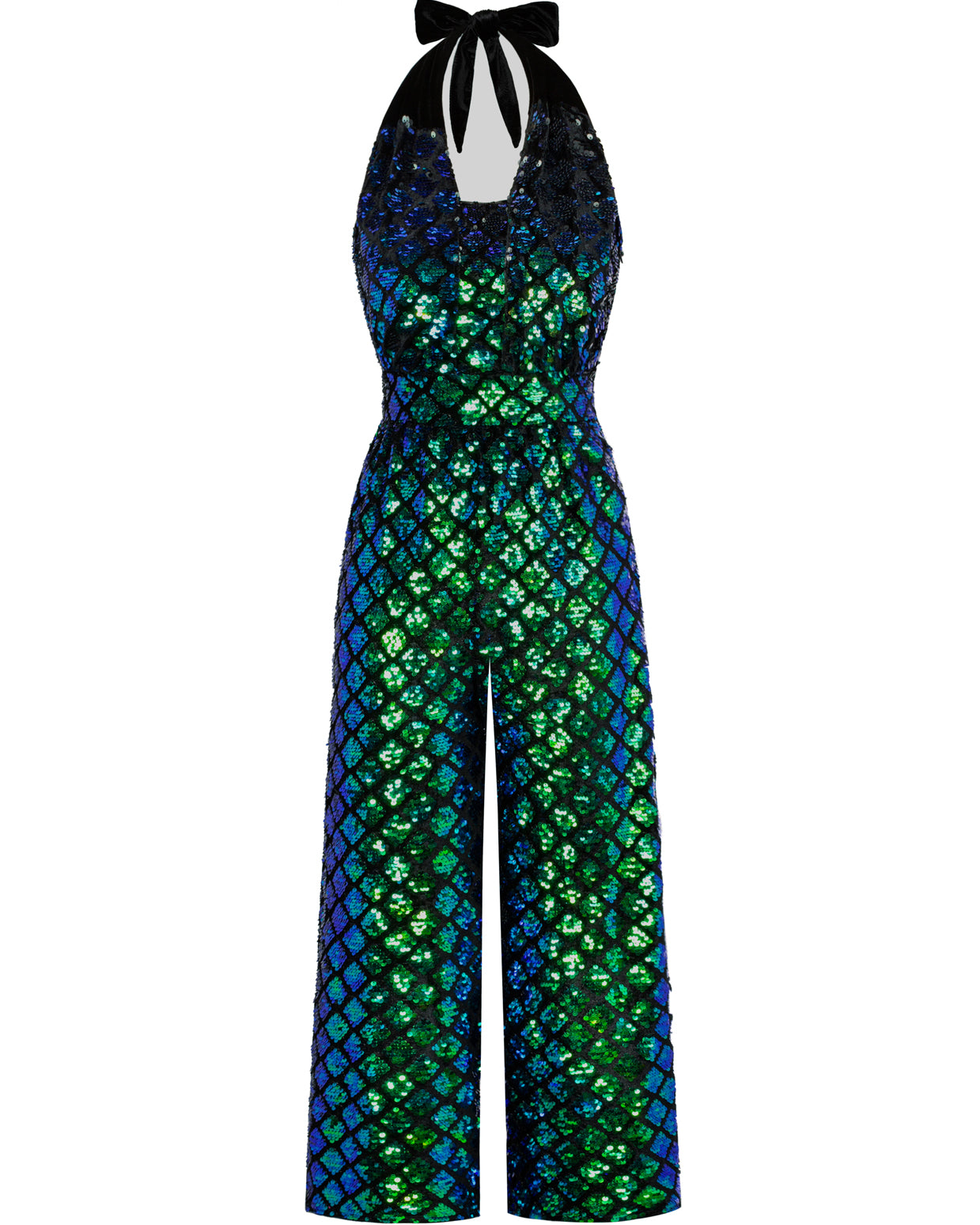 belle poque Sequined Jumpsuit Defined Waist Backless Halterneck Jumpsuit Green