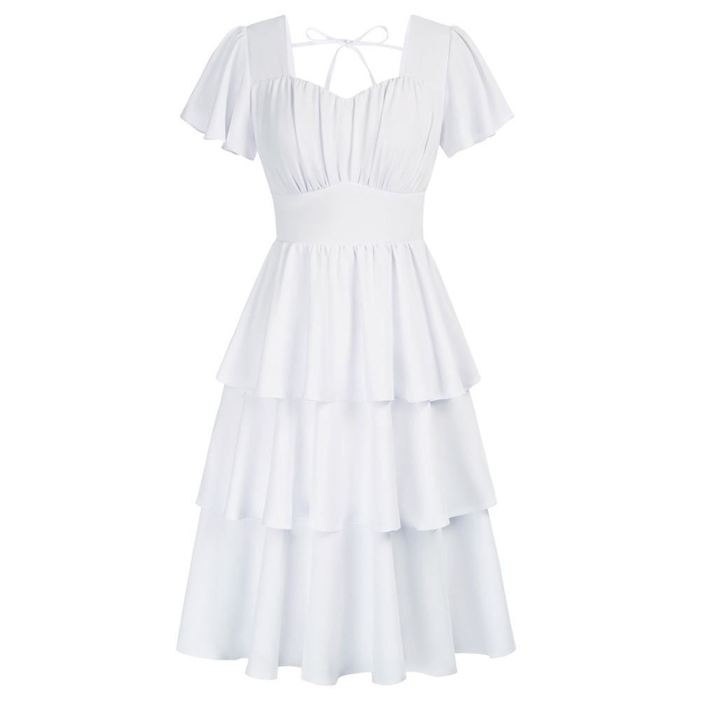belle poque Vintage Dress 2026 Summer Layered Tiered Ruffle Swing Midi Dress White
