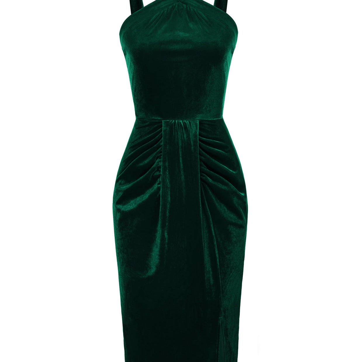 belle poque Vintage Front Slit Velvet Dress Halterneck Ruched Bodycon Dress Green