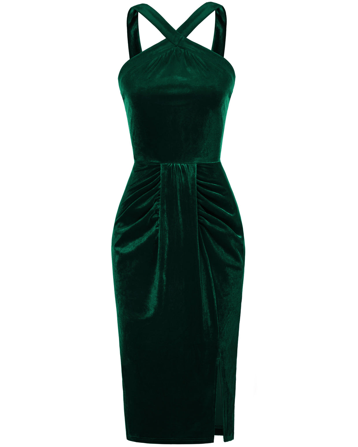 belle poque Vintage Front Slit Velvet Dress Halterneck Ruched Bodycon Dress Green