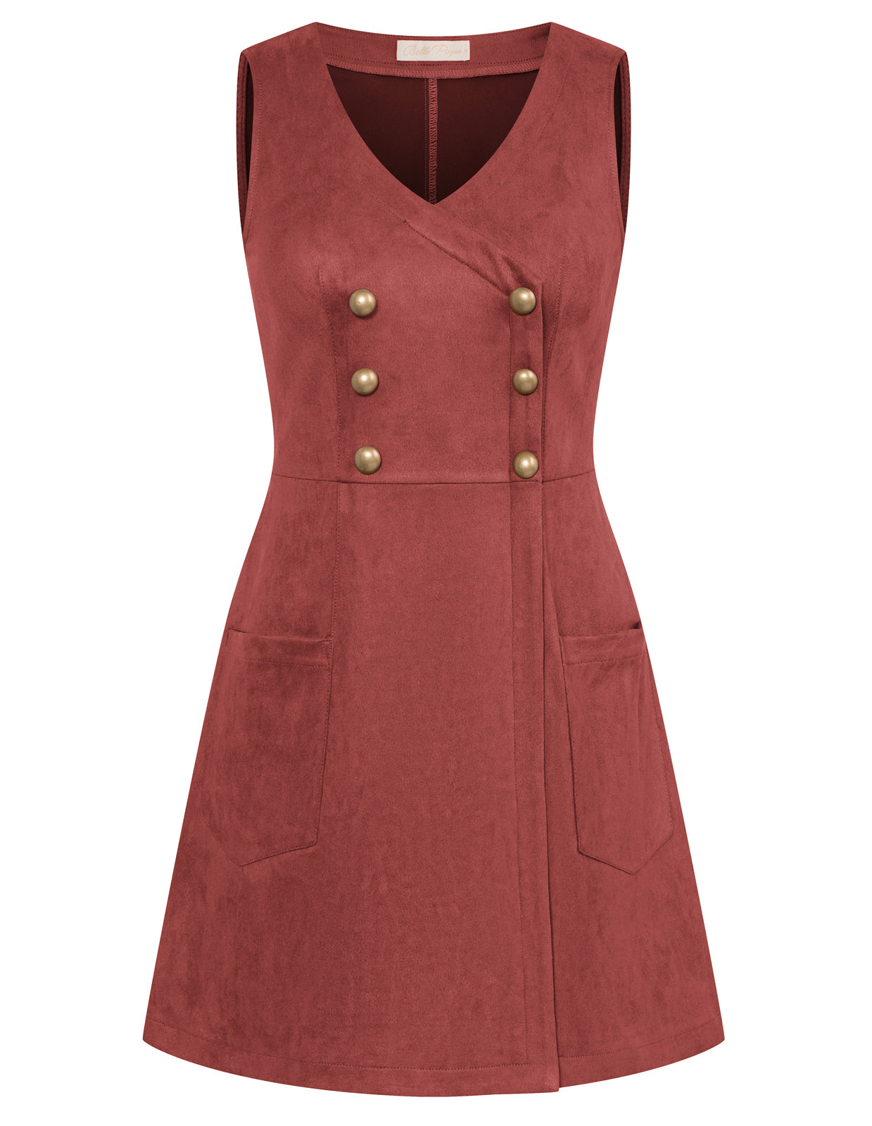 belle poque Vintage Faux Suede Dress Sleeveless V-Neck Elastic Waist A-Line Dress Wine