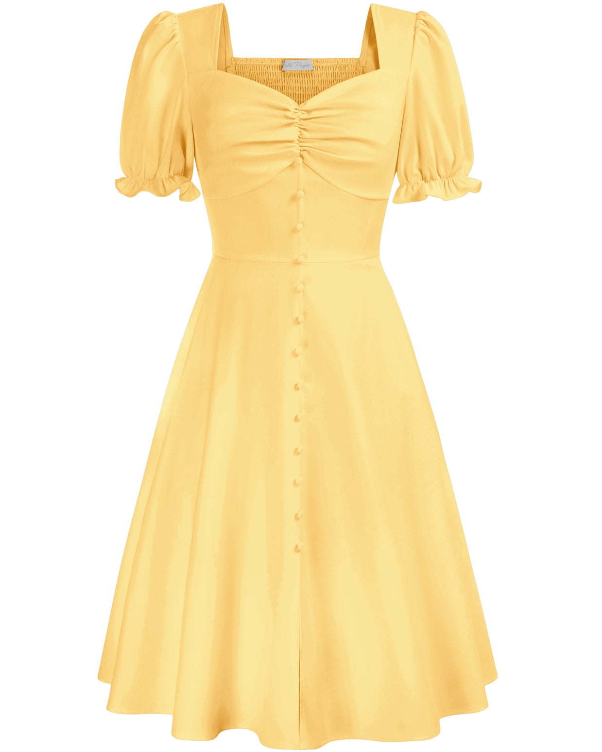 belle poque Vintage Buttons Decorated Dress Short Sleeve Square V-Neck A-Line Dress Yellow