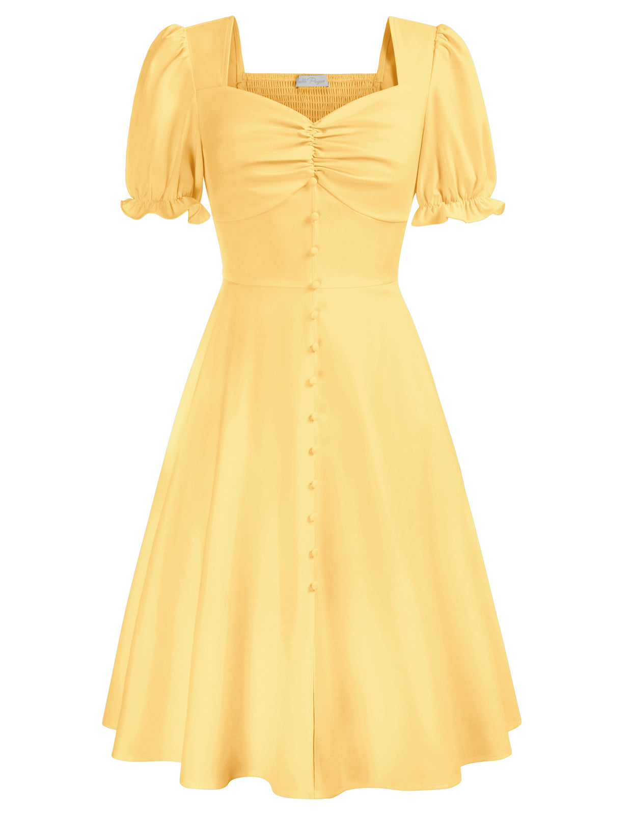 belle poque Vintage Buttons Decorated Dress Short Sleeve Square V-Neck A-Line Dress Yellow