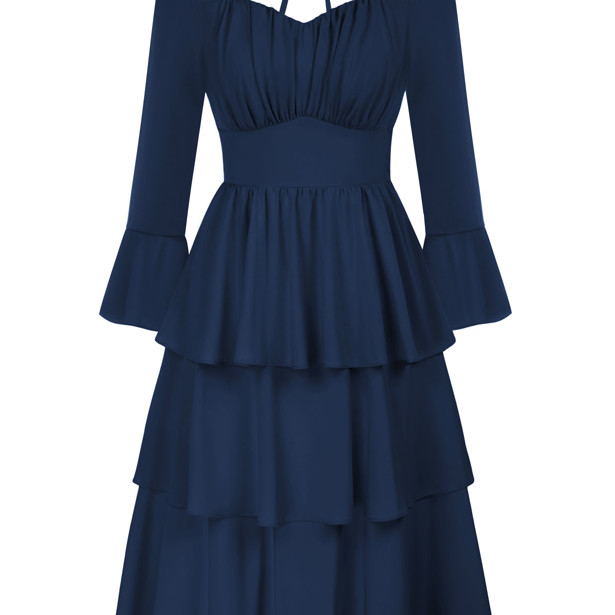 belle poque Vintage 3-Layer Cake Dress Long Sleeve Square V-Neck A-Line Midi Dress Navy Blue