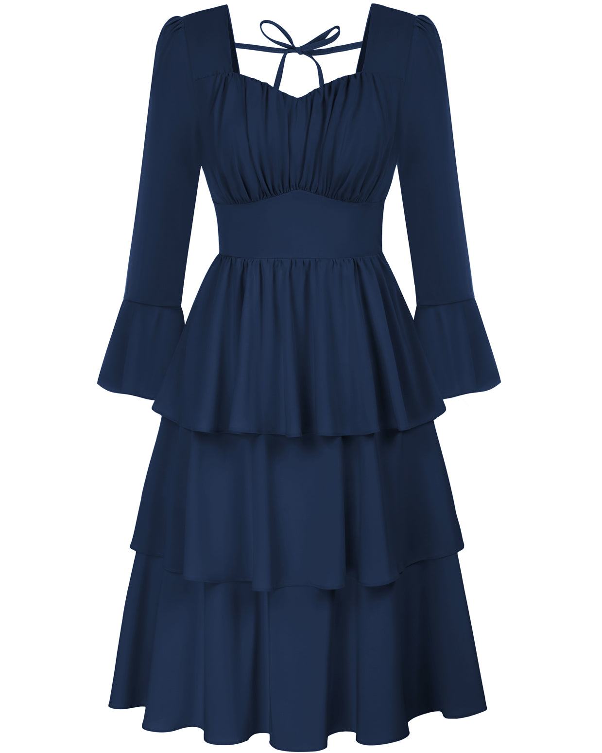 belle poque Vintage 3-Layer Cake Dress Long Sleeve Square V-Neck A-Line Midi Dress Navy Blue