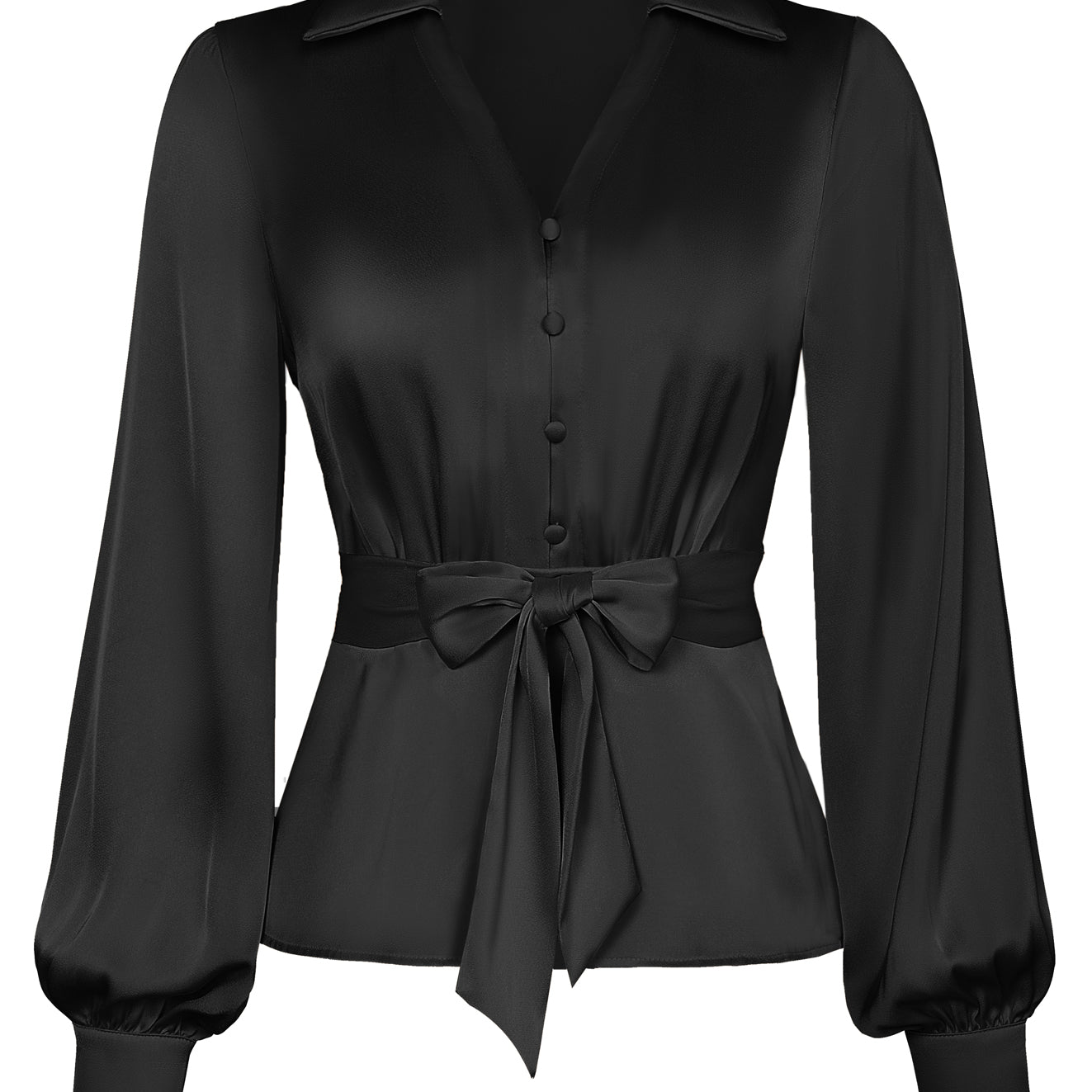 belle poque Vintage Elastic Waist Blouse Long Sleeve Lapel V-Neck Pullover Tops Black
