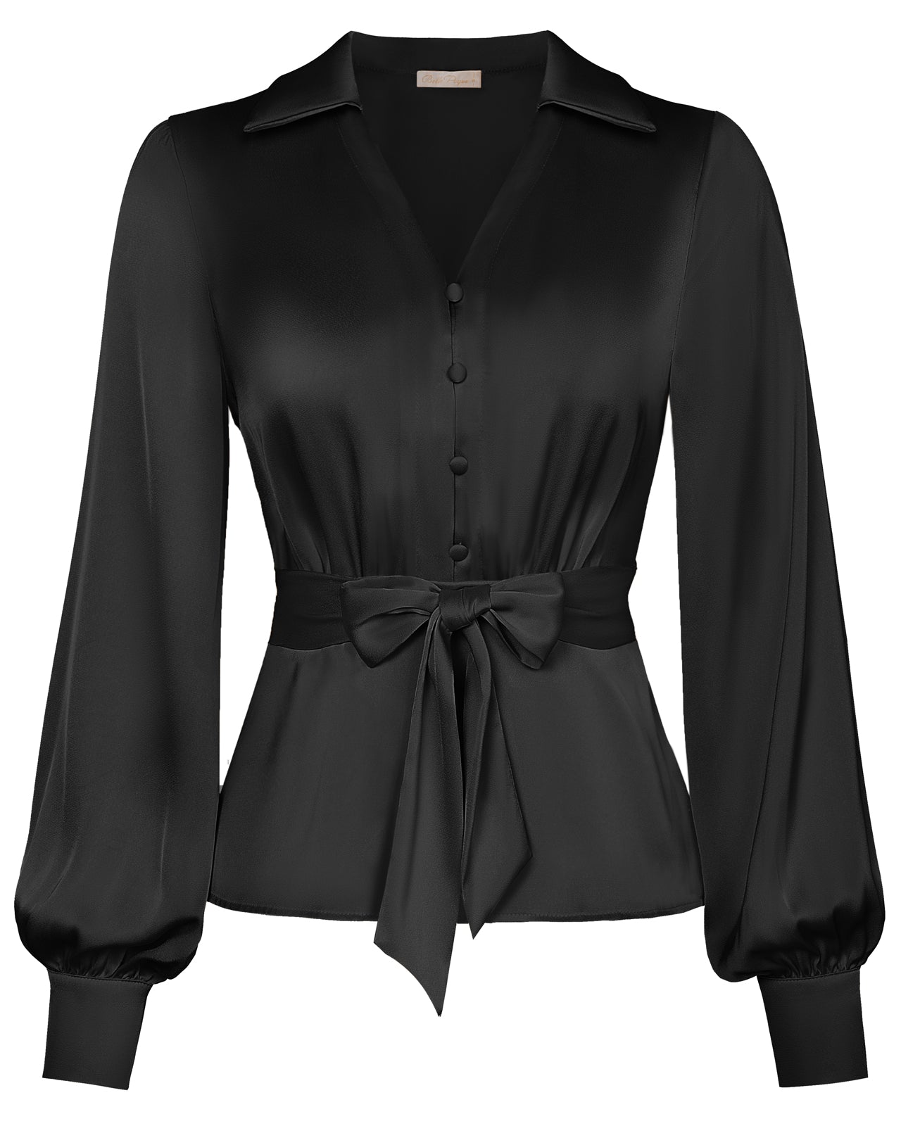 belle poque Vintage Elastic Waist Blouse Long Sleeve Lapel V-Neck Pullover Tops Black