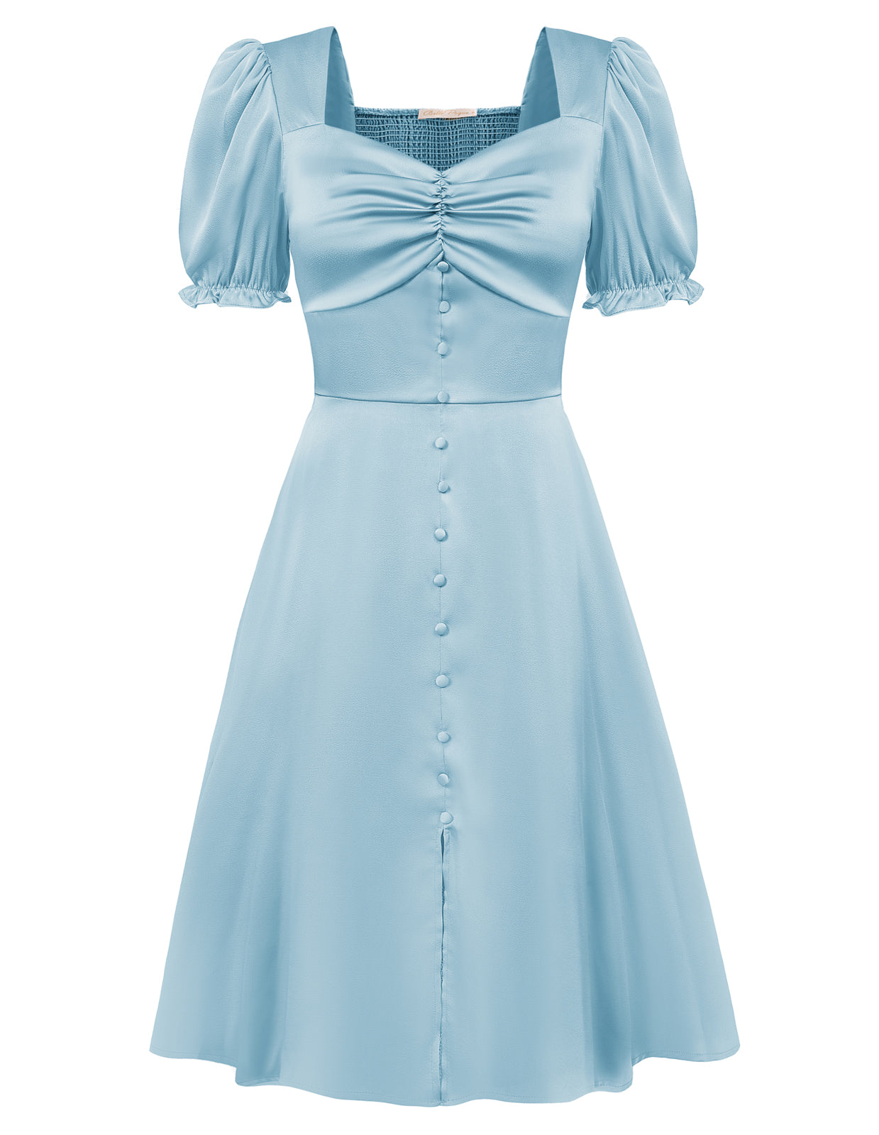 belle poque Front Slit Dress Short Sleeve Square V-Neck Flared A-Line Dress Blue