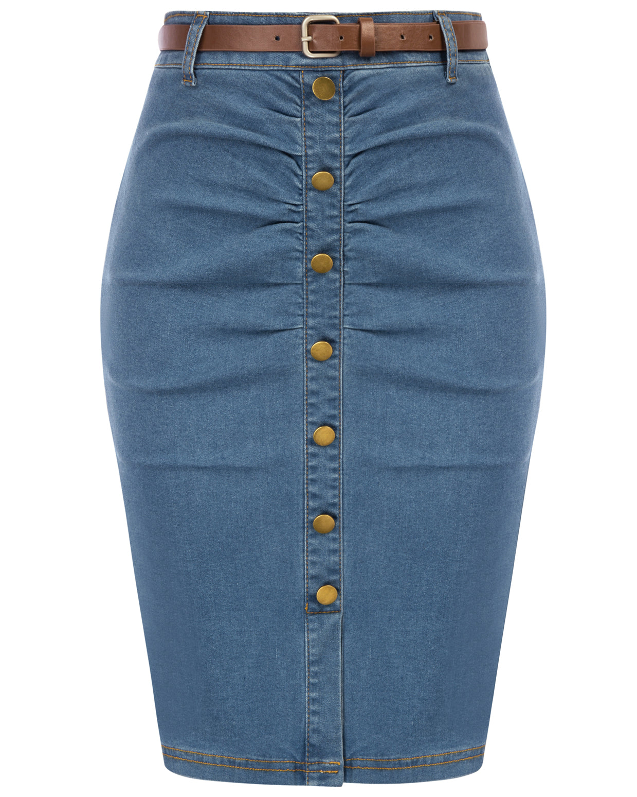 belle poque Vintage Jean Skirt with Belt High Waist Ruched Front Bodycon Skirt Blue2
