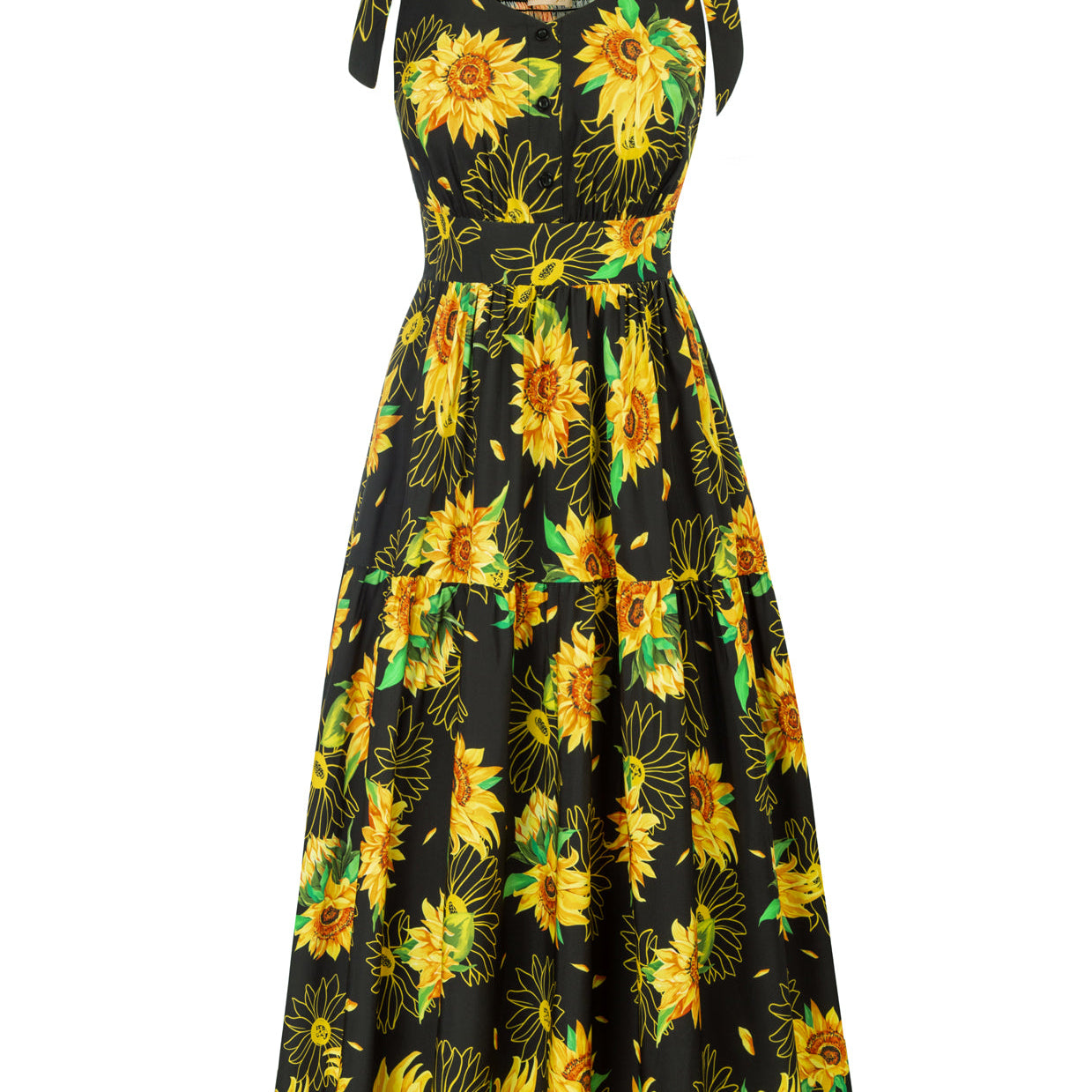 belle poque Sunflower Printed Tiered Midi Dress Sleeveless V-Neck Defined Waist A-Line Dress Yellow